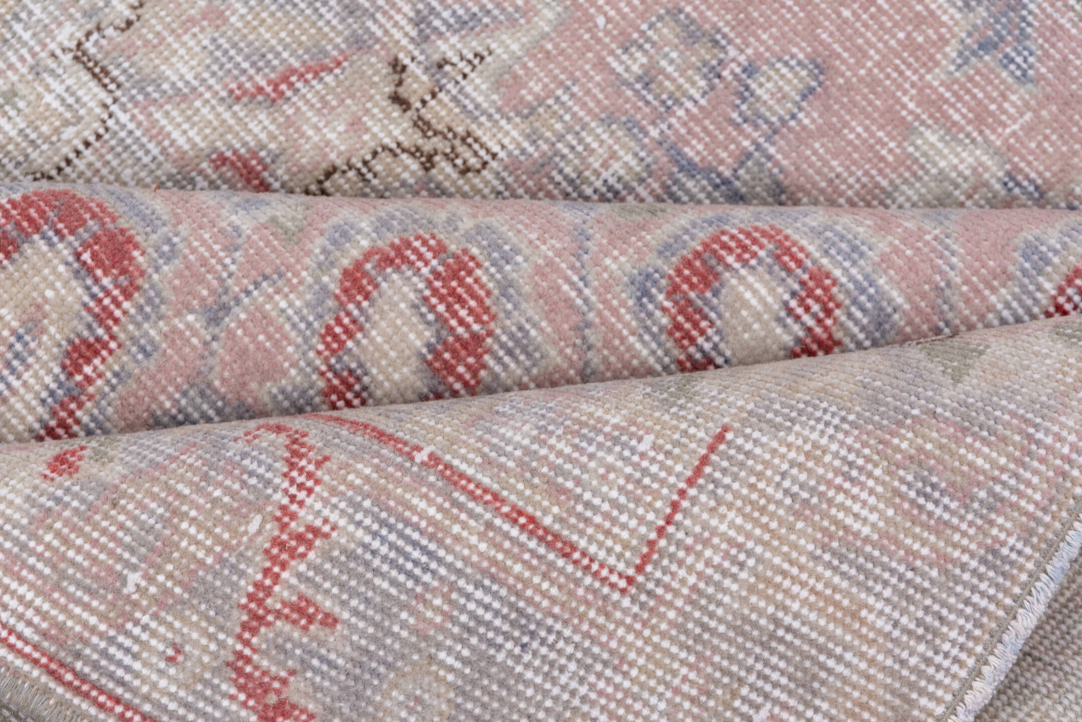 5' x 8' one-of-a-kind handmade vintage Oushak medium size rug. Color palette: blush, ivory, taupe, dusty rose, slate, sage