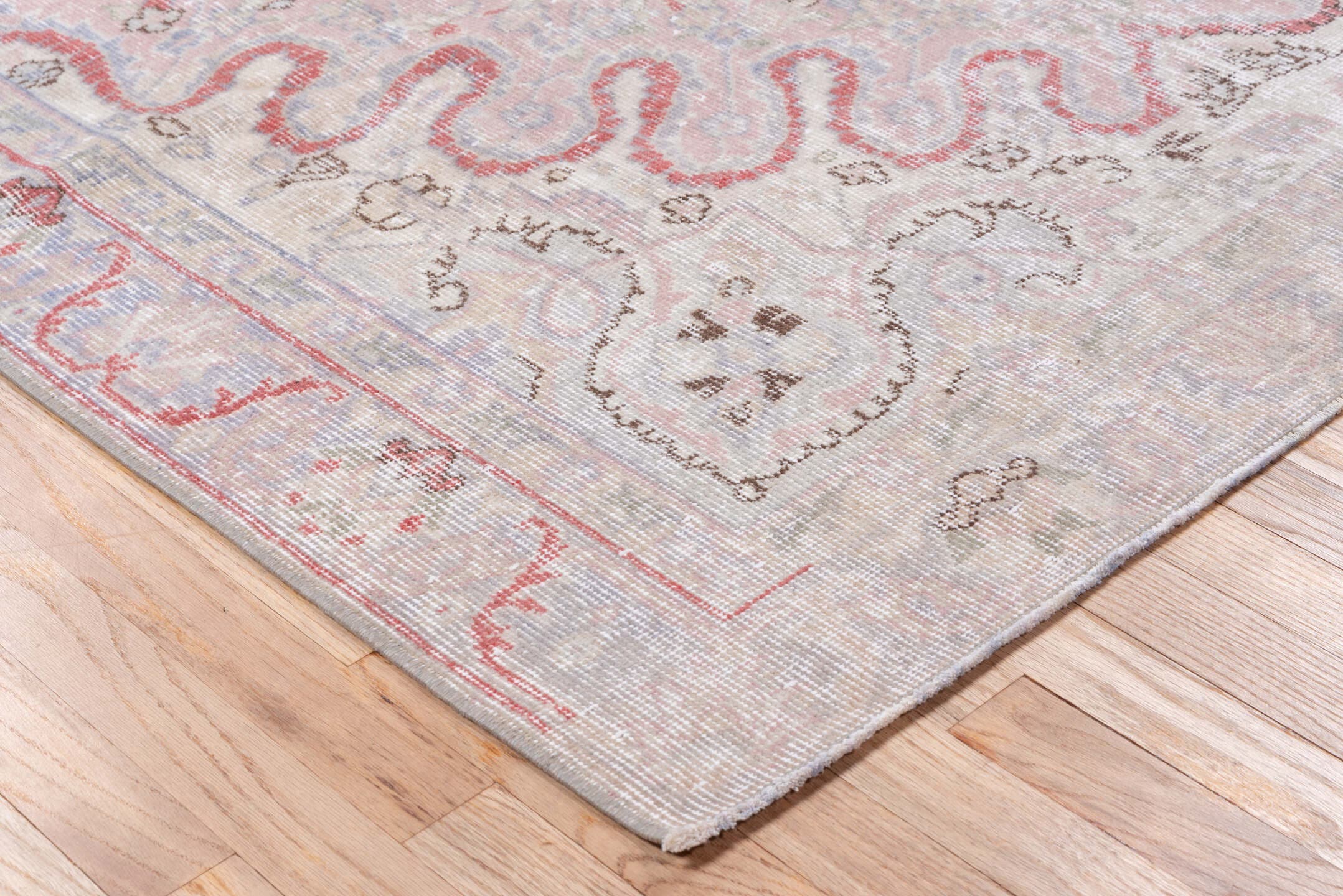 5' x 8' one-of-a-kind handmade vintage Oushak medium size rug. Color palette: blush, ivory, taupe, dusty rose, slate, sage