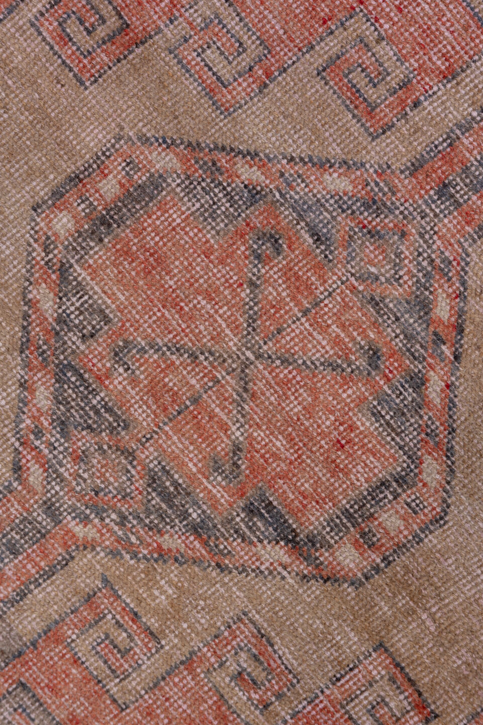 2' x 11' one-of-a-kind handmade vintage Oushak runner rug. Color palette: brown, gray, off-white, pink, red, snow, white