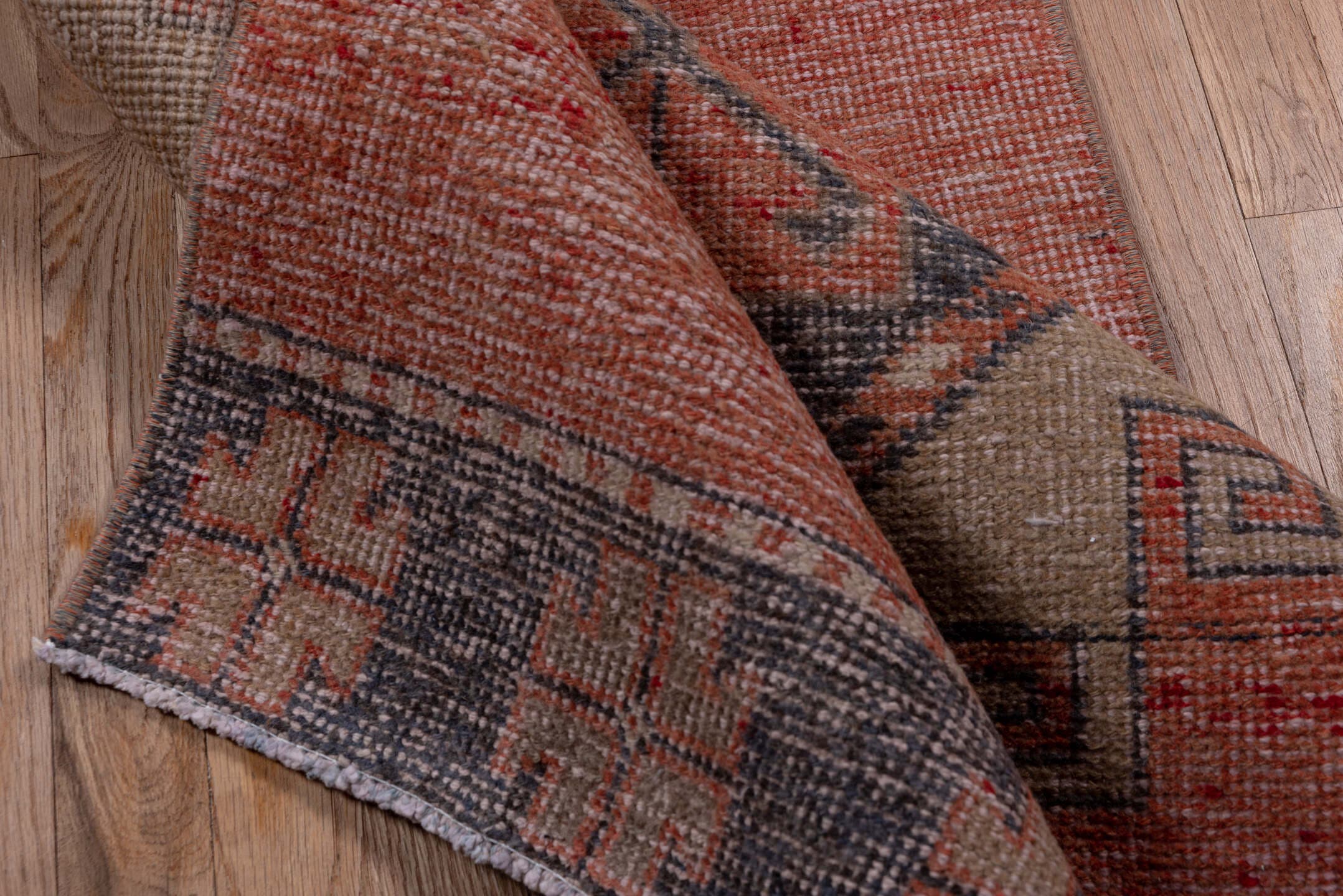 2' x 11' one-of-a-kind handmade vintage Oushak runner rug. Color palette: coral, taupe, slate, rose, ivory, terracotta