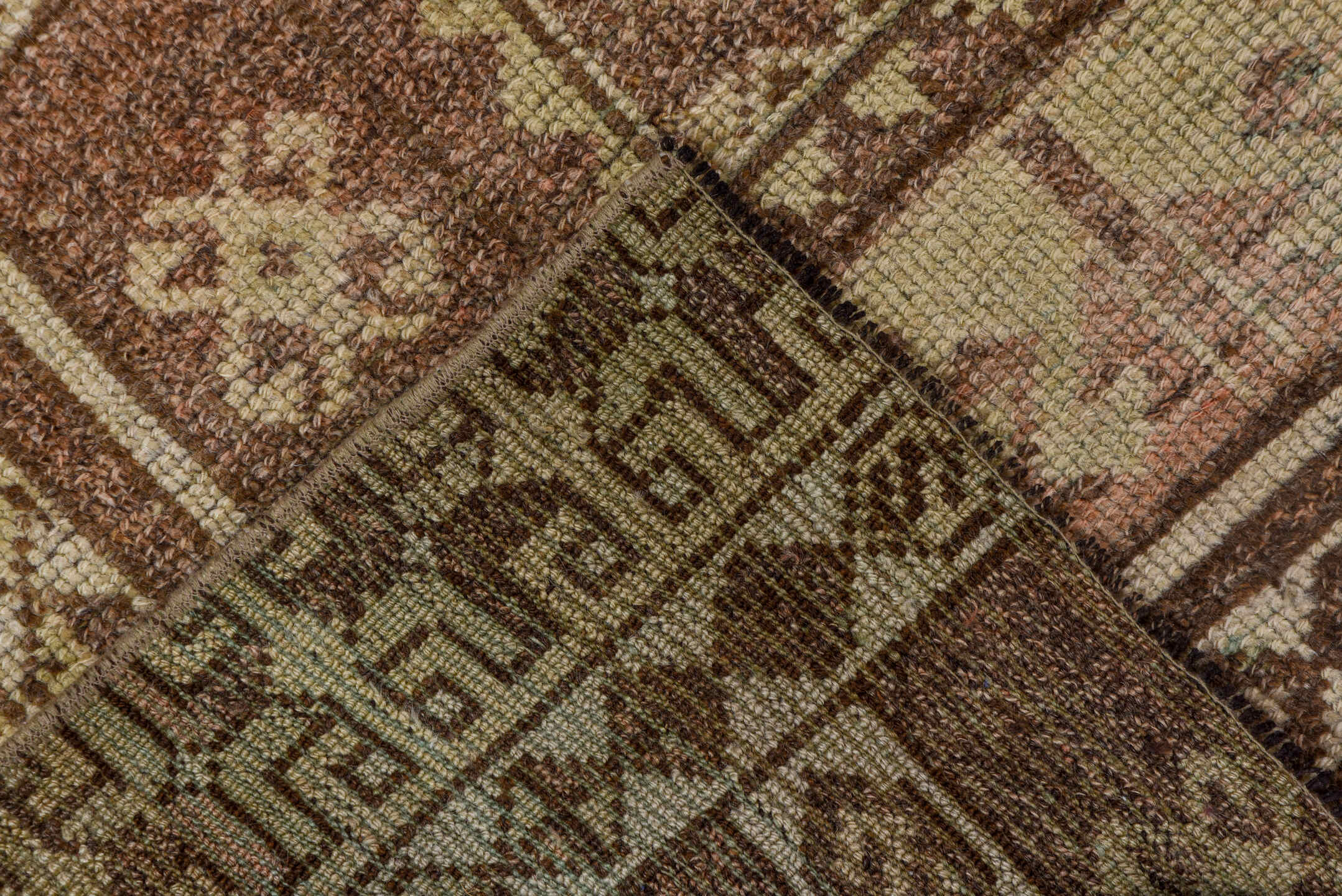 2' x 7' one-of-a-kind handmade vintage Oushak runner rug. Color palette: brown, ivory, taupe, blush, camel, rose, beige