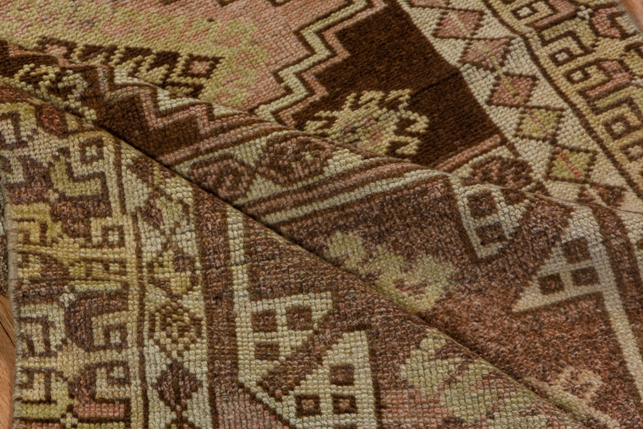 2' x 7' one-of-a-kind handmade vintage Oushak runner rug. Color palette: brown, ivory, taupe, blush, camel, rose, beige