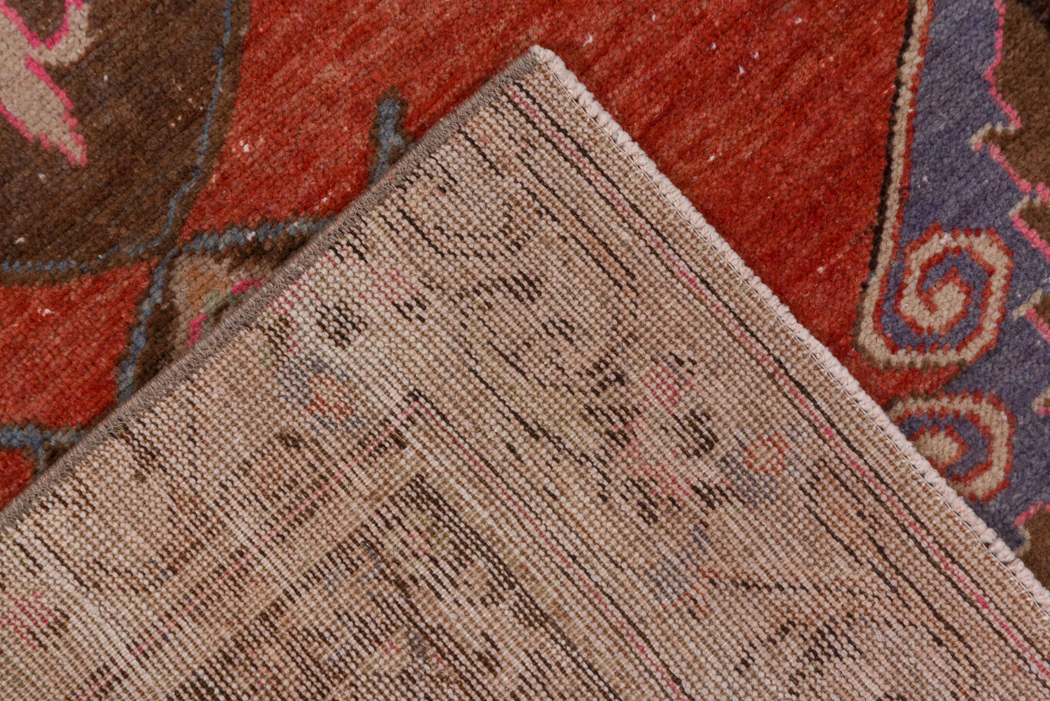 2' x 10' one-of-a-kind handmade vintage Oushak runner rug. Color palette: brown, gray, indian red, pink, red, redwood