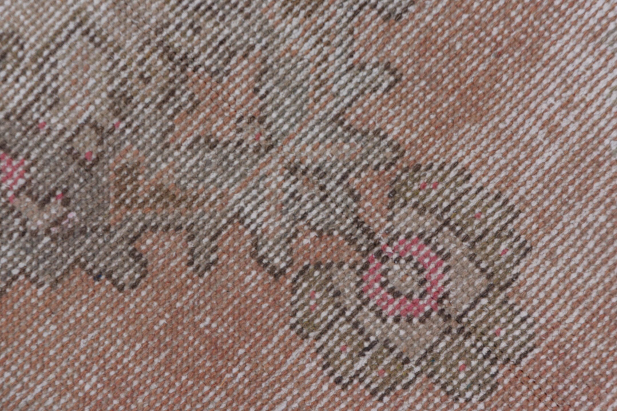 3' x 9' one-of-a-kind handmade vintage Oushak runner rug. Color palette: taupe, blush, ivory, rose, gray, brown, beige, pink