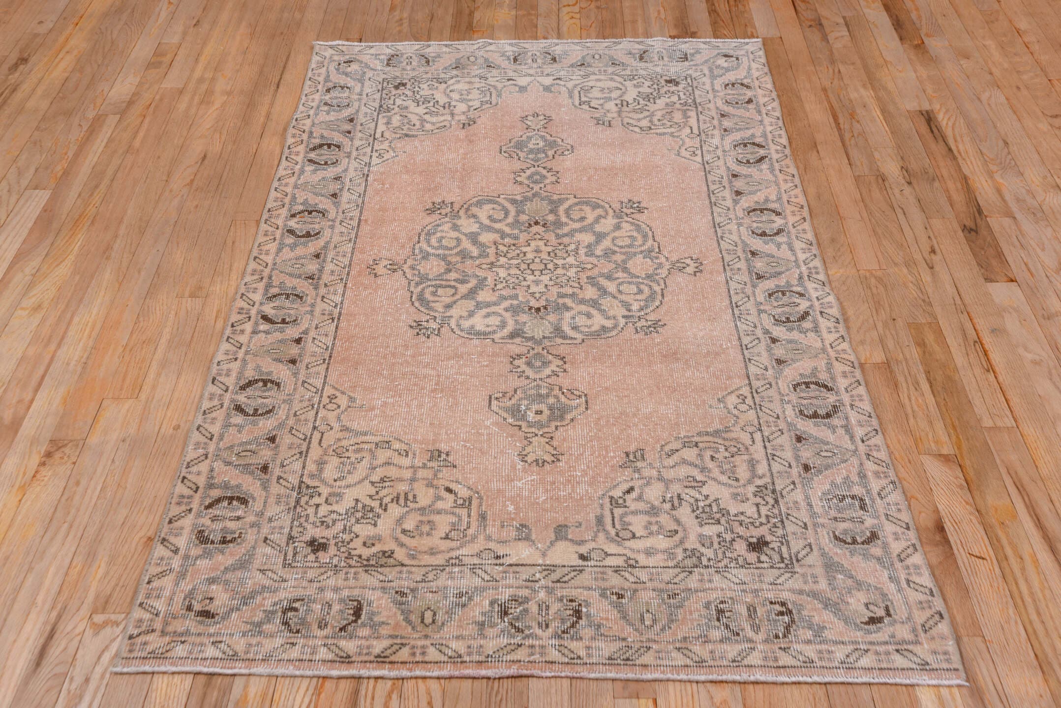 3' x 6' one-of-a-kind handmade vintage Oushak small size rug. Color palette: blush, taupe, gray, ivory, charcoal, pink