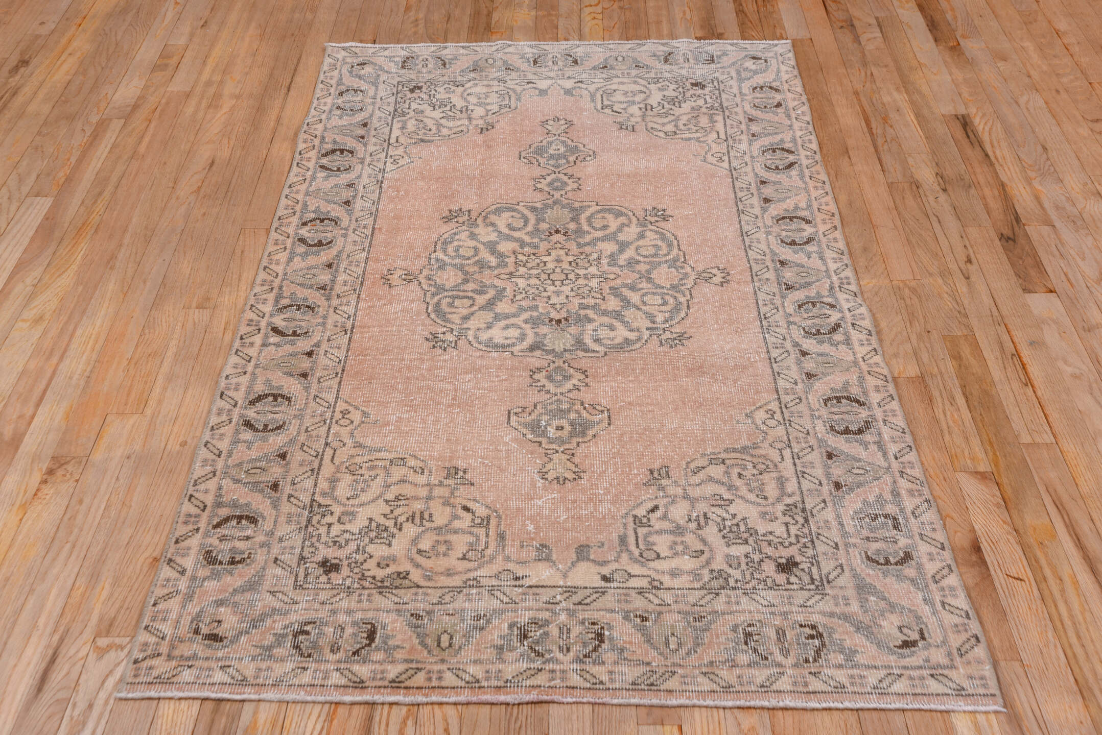 3' x 6' one-of-a-kind handmade vintage Oushak small size rug. Color palette: blush, taupe, gray, ivory, charcoal, pink