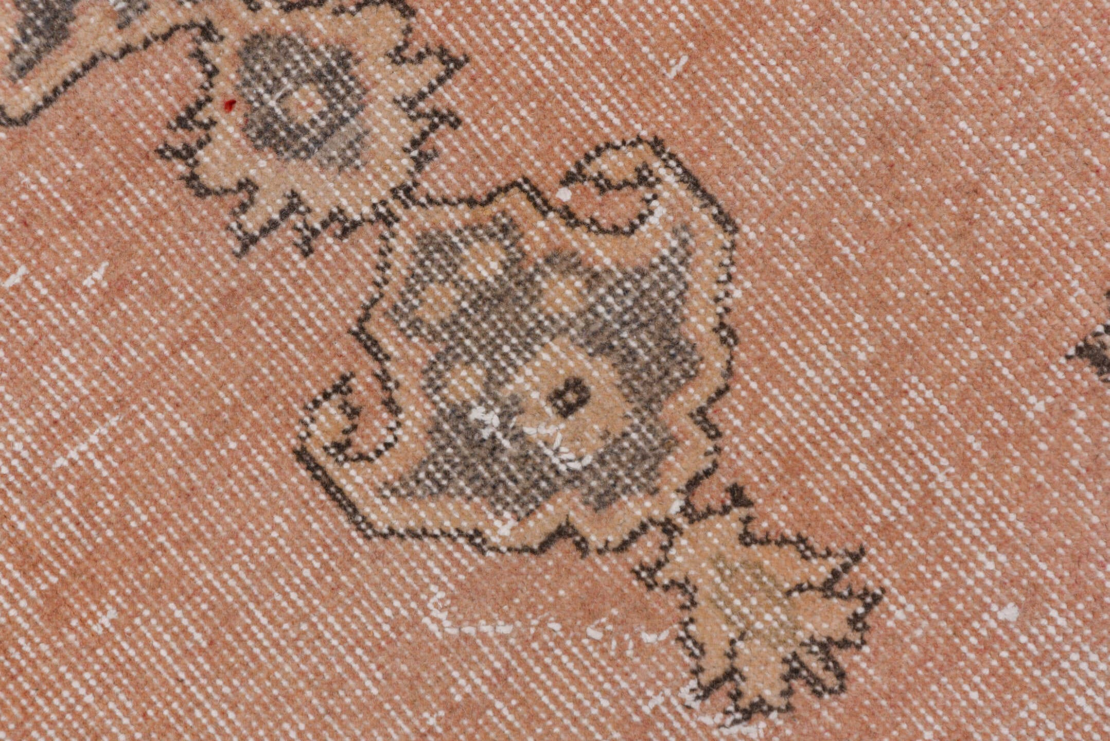 3' x 6' one-of-a-kind handmade vintage Oushak small size rug. Color palette: blush, taupe, gray, ivory, charcoal, pink