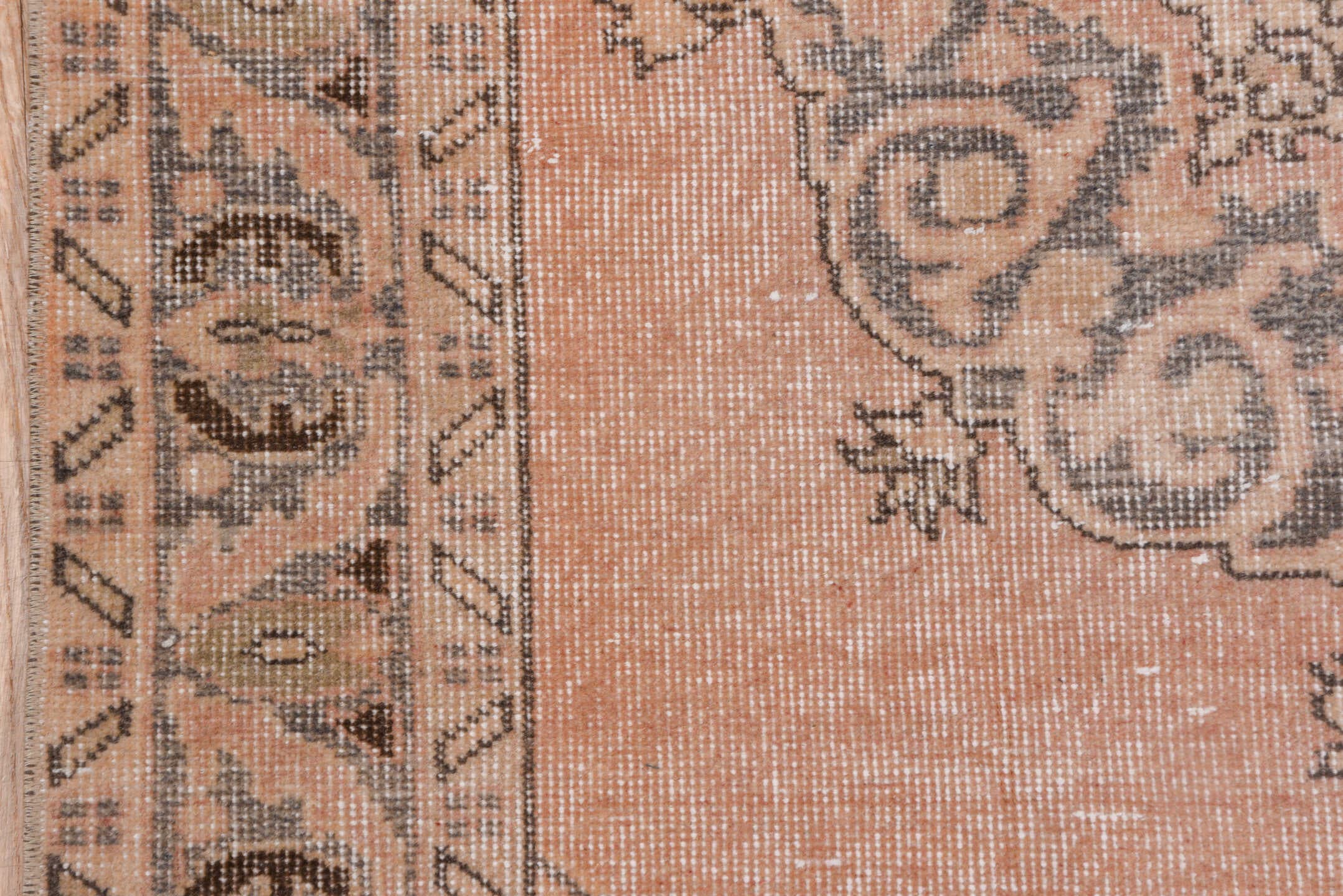 3' x 6' one-of-a-kind handmade vintage Oushak small size rug. Color palette: blush, taupe, gray, ivory, charcoal, pink