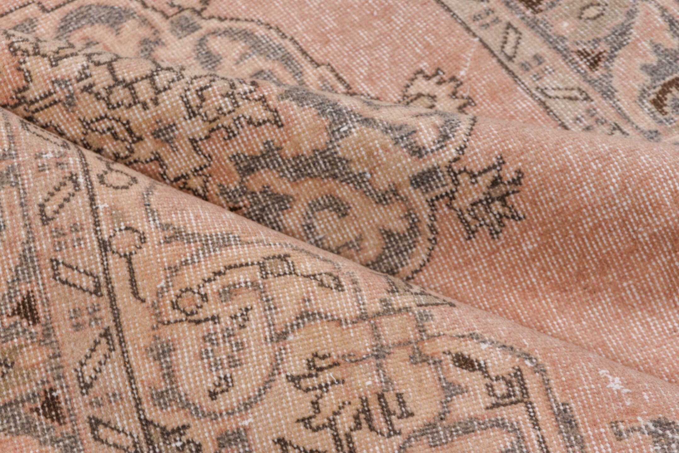 3' x 6' one-of-a-kind handmade vintage Oushak small size rug. Color palette: blush, taupe, gray, ivory, charcoal, pink