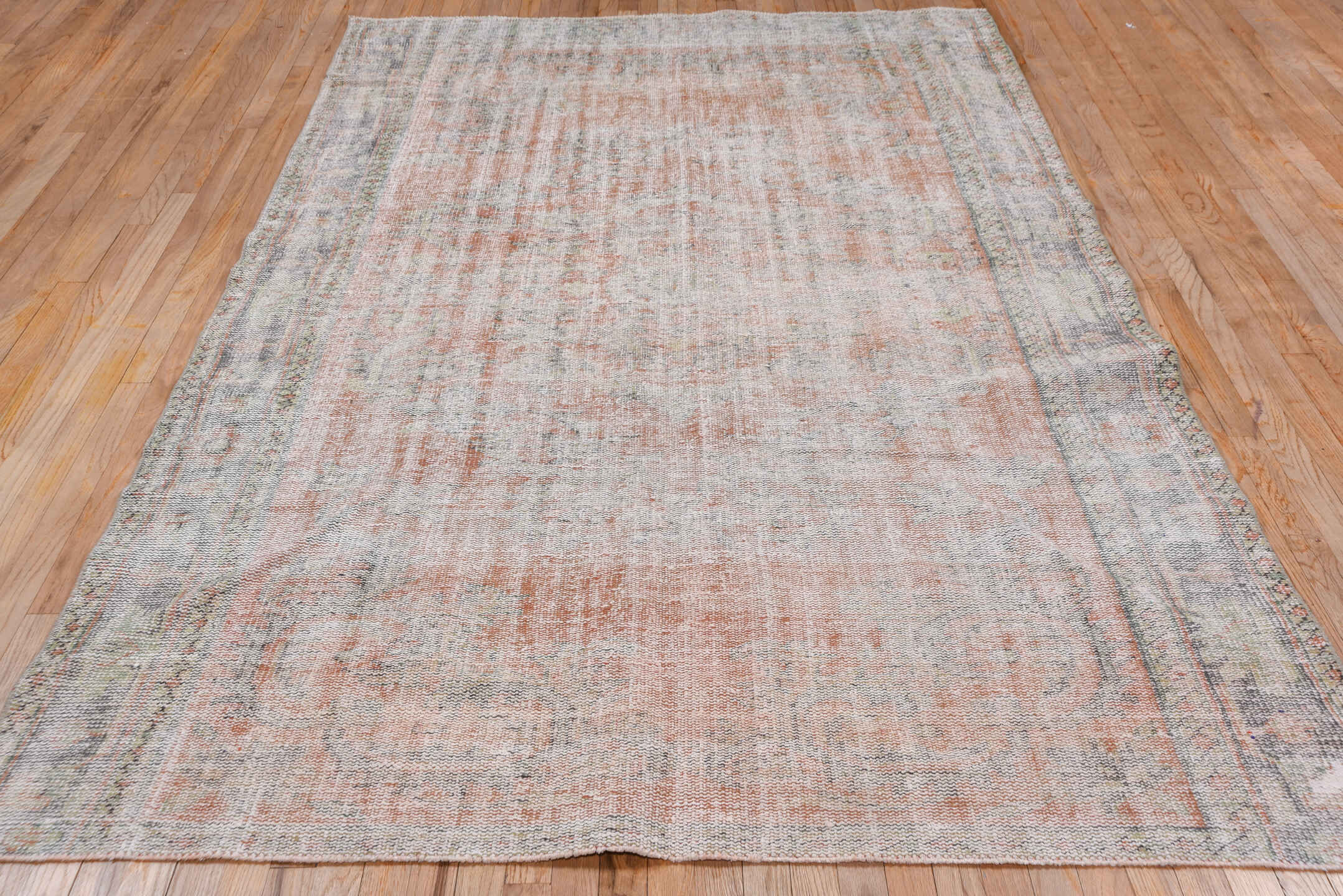 6' x 9' one-of-a-kind handmade vintage Oushak medium size rug. Color palette: blush, ivory, silver, taupe, pale gray, peach