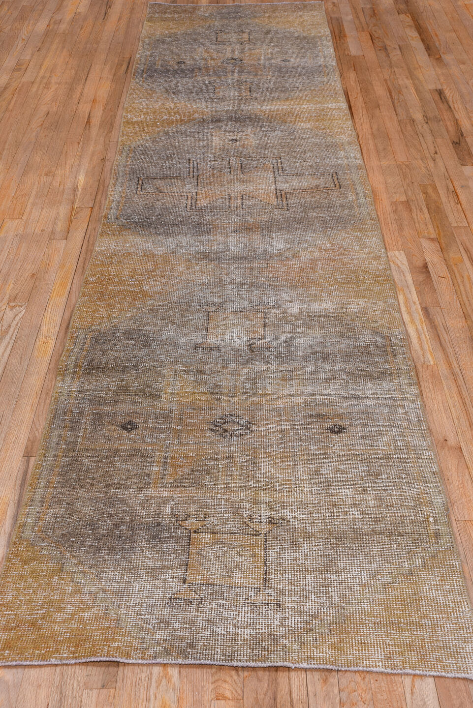 3' x 12' one-of-a-kind handmade vintage Oushak runner rug. Color palette: taupe, camel, beige, ivory, greige, gray