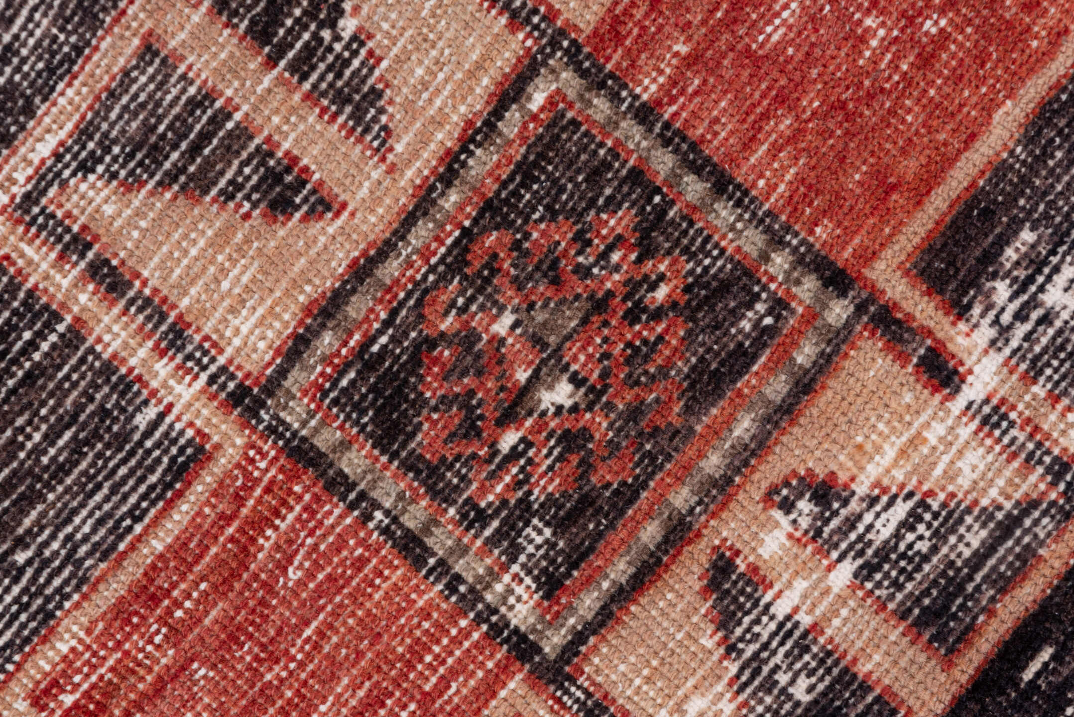 2' x 12' one-of-a-kind handmade vintage Oushak runner rug. Color palette: brown, gray, light gray, off-white, pink, red