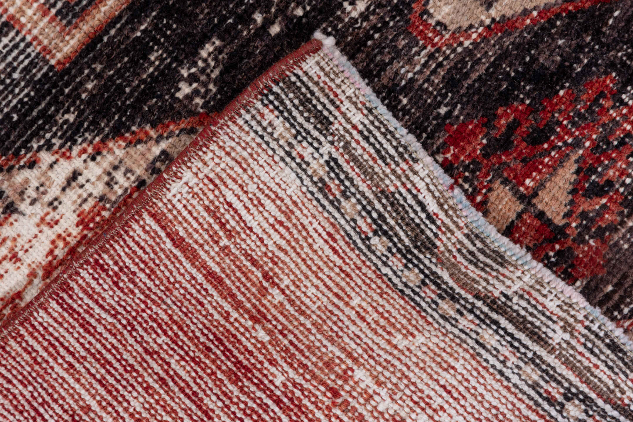 2' x 12' one-of-a-kind handmade vintage Oushak runner rug. Color palette: brown, gray, light gray, off-white, pink, red