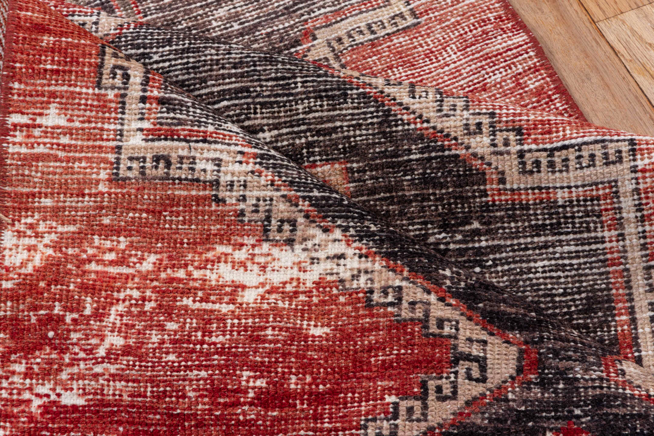 2' x 12' one-of-a-kind handmade vintage Oushak runner rug. Color palette: brown, gray, light gray, off-white, pink, red