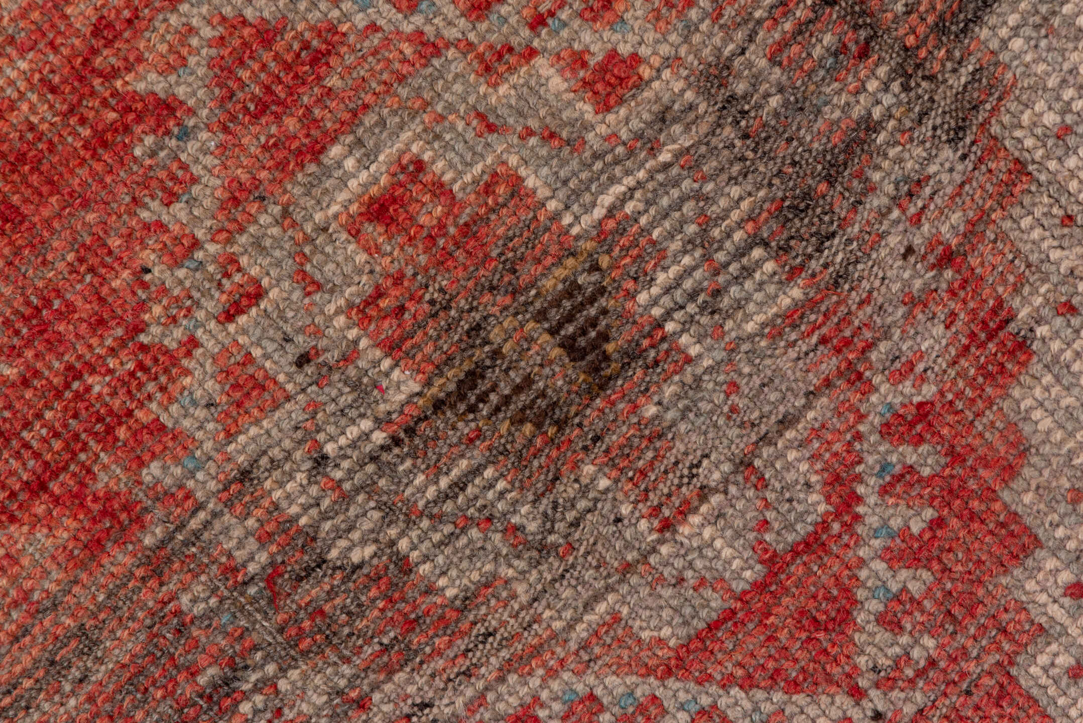 4' x 11' one-of-a-kind handmade vintage Oushak runner rug. Color palette: coral, ivory, taupe, slate, rust, charcoal, rose