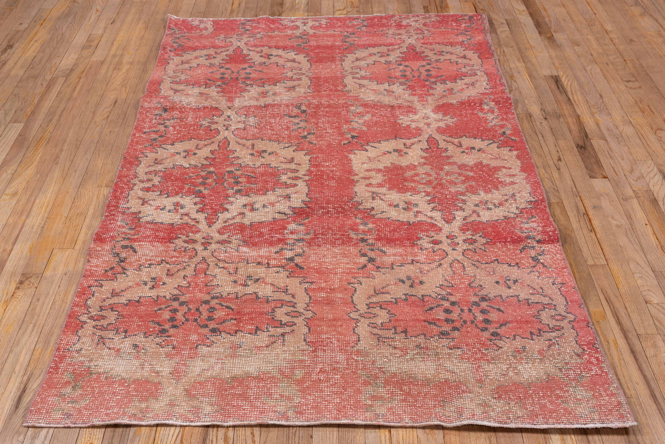4' x 7' one-of-a-kind handmade vintage Oushak rug. Color palette: coral, ivory, rose, taupe, charcoal, terracotta, pink, red