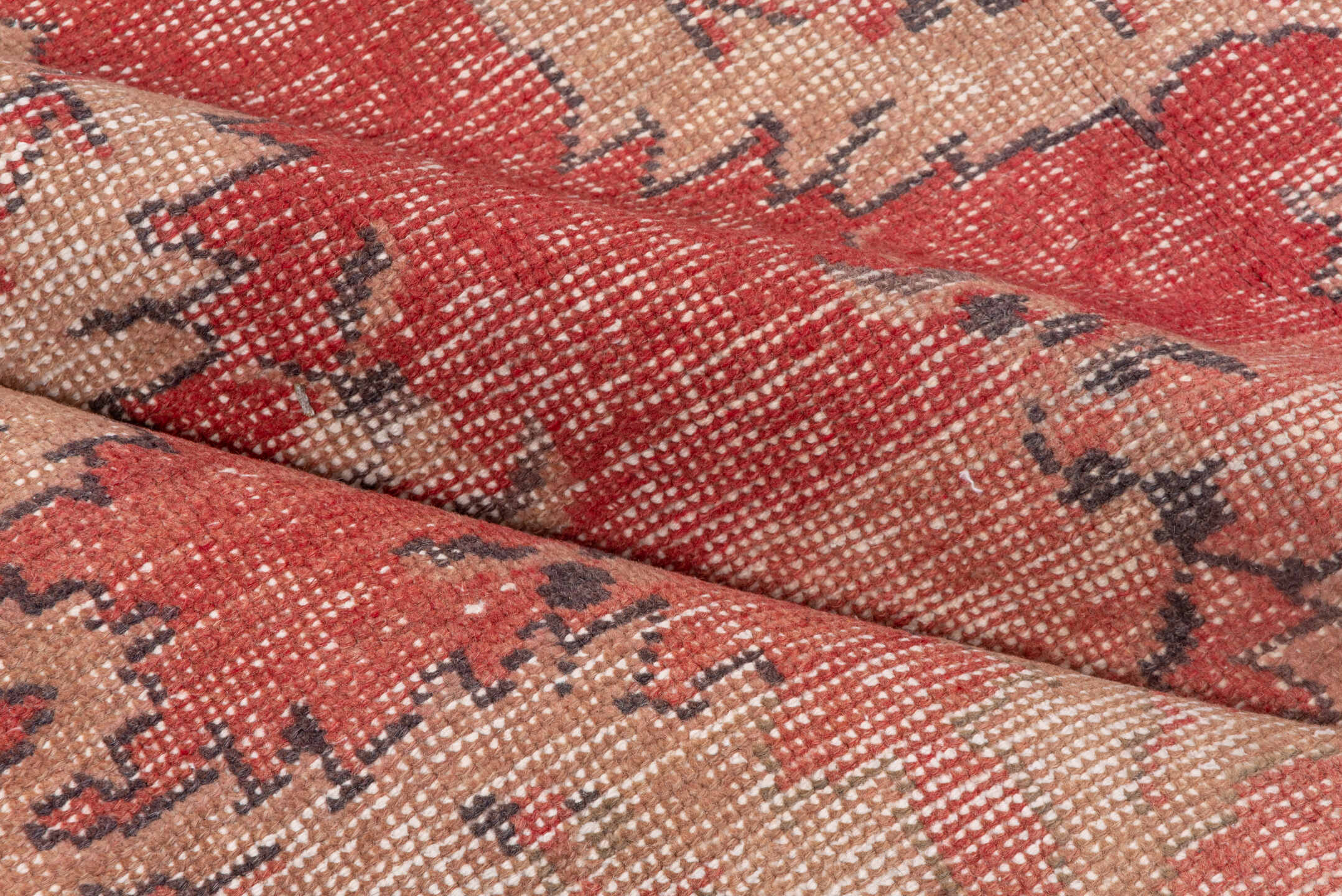 4' x 7' one-of-a-kind handmade vintage Oushak rug. Color palette: coral, ivory, rose, taupe, charcoal, terracotta, pink, red
