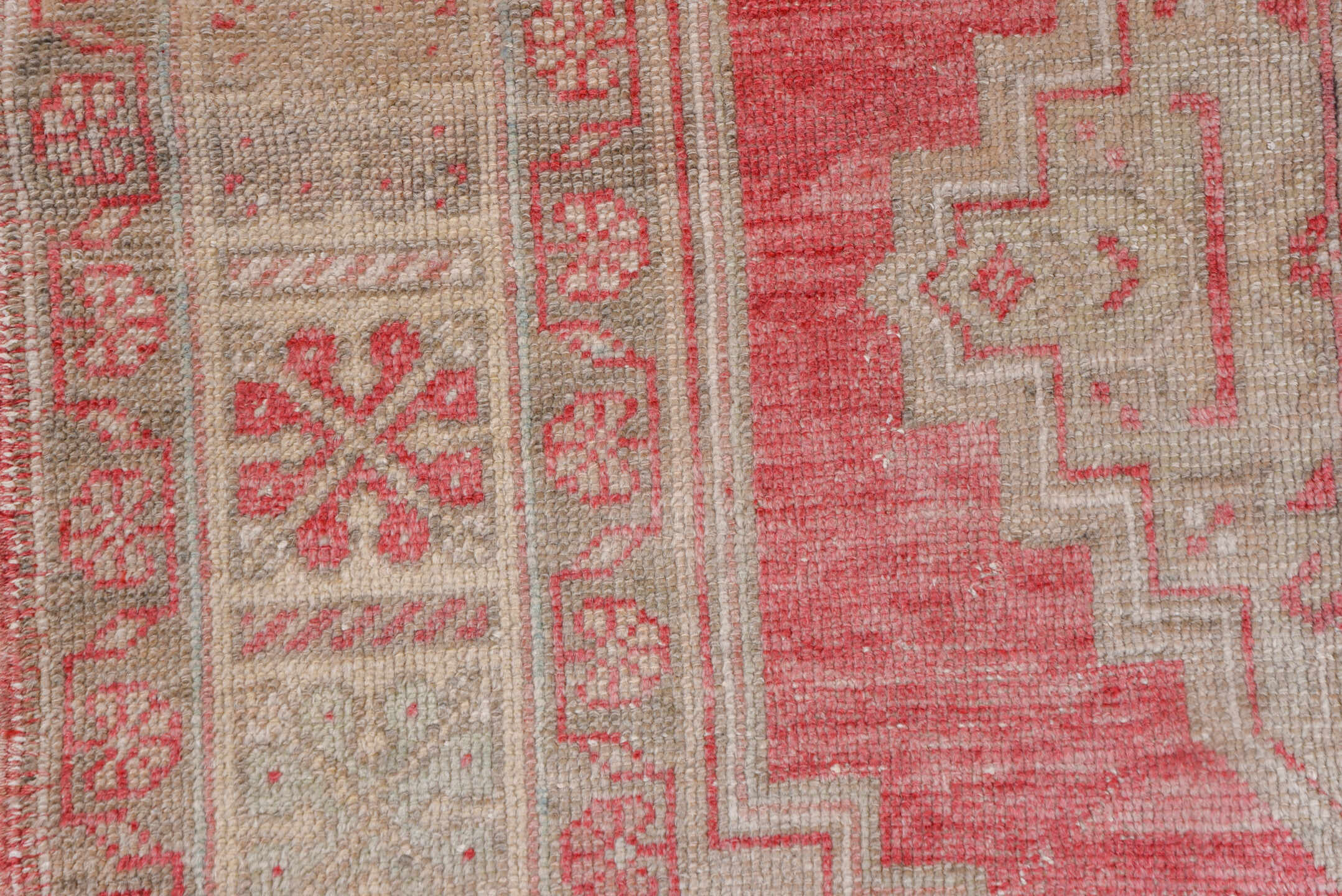 3' x 6' one-of-a-kind handmade vintage Oushak small size rug. Color palette: rose, ivory, blush, taupe, beige, pink, red