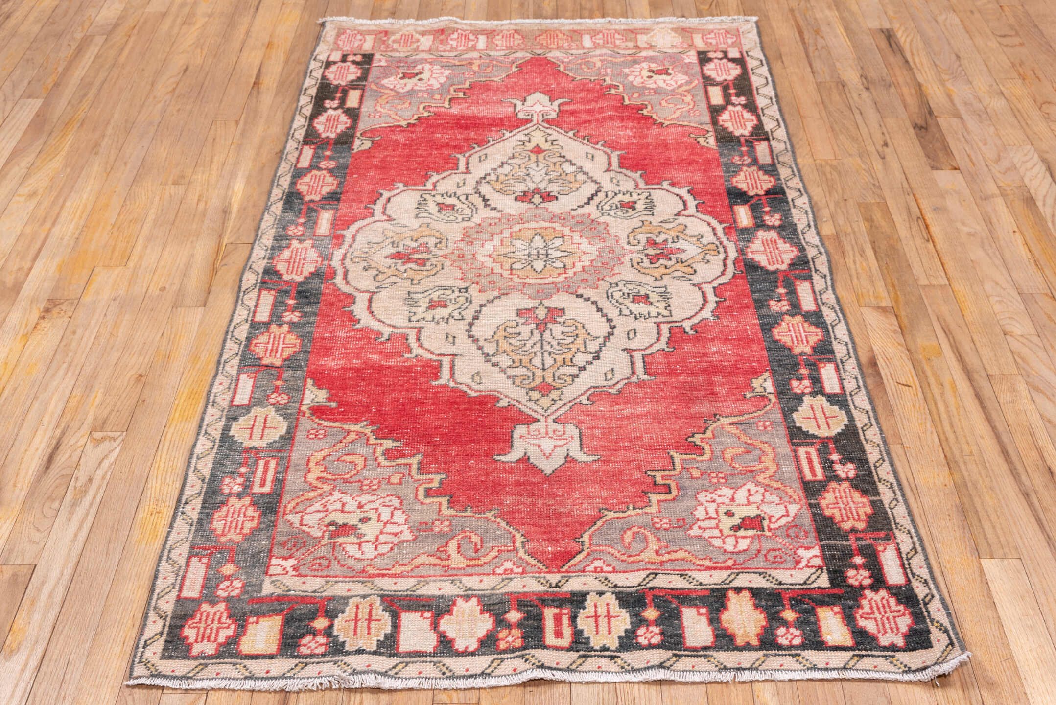 3' x 7' one-of-a-kind handmade vintage Oushak runner rug. Color palette: black, brown, dim gray, gray, indian red