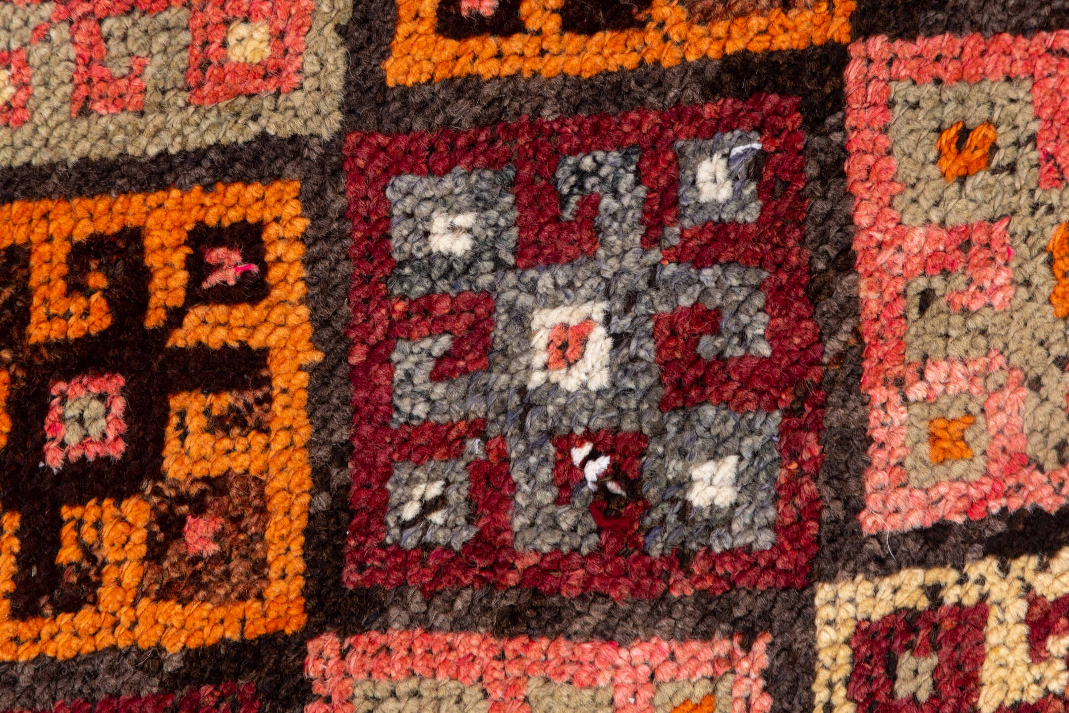 2' x 10' one-of-a-kind handmade vintage Oushak runner rug. Color palette: brown, gray, light gray, off-white, orange, pink