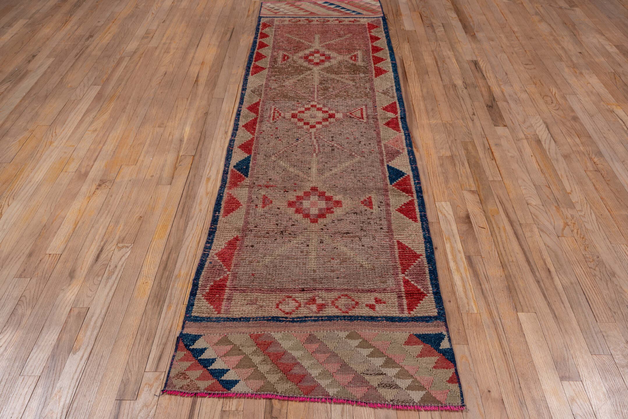 2' x 9' one-of-a-kind handmade vintage Oushak runner rug. Color palette: rose, ivory, rust, taupe, navy, camel, terracotta