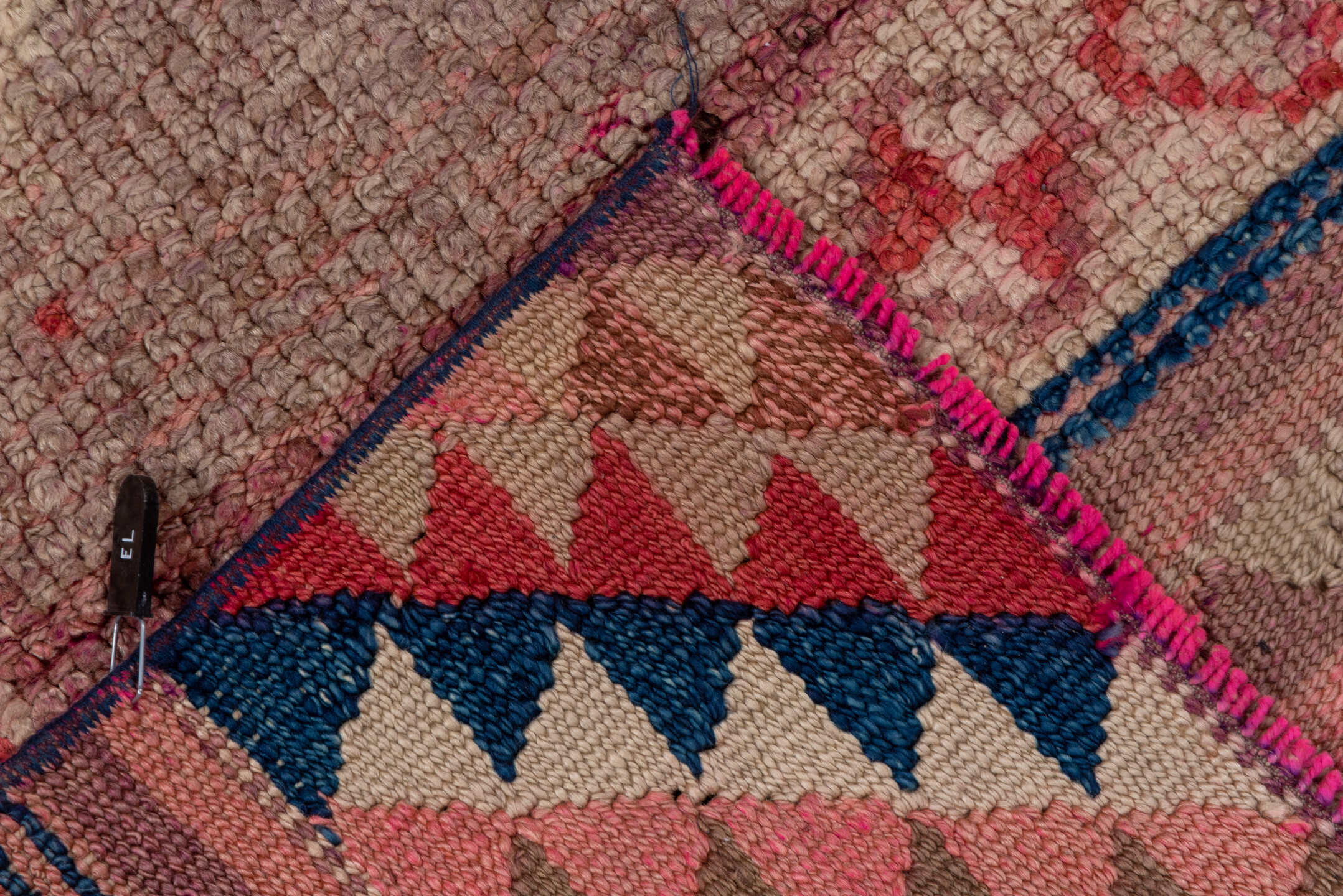 2' x 9' one-of-a-kind handmade vintage Oushak runner rug. Color palette: blue, brown, gray, pink, red