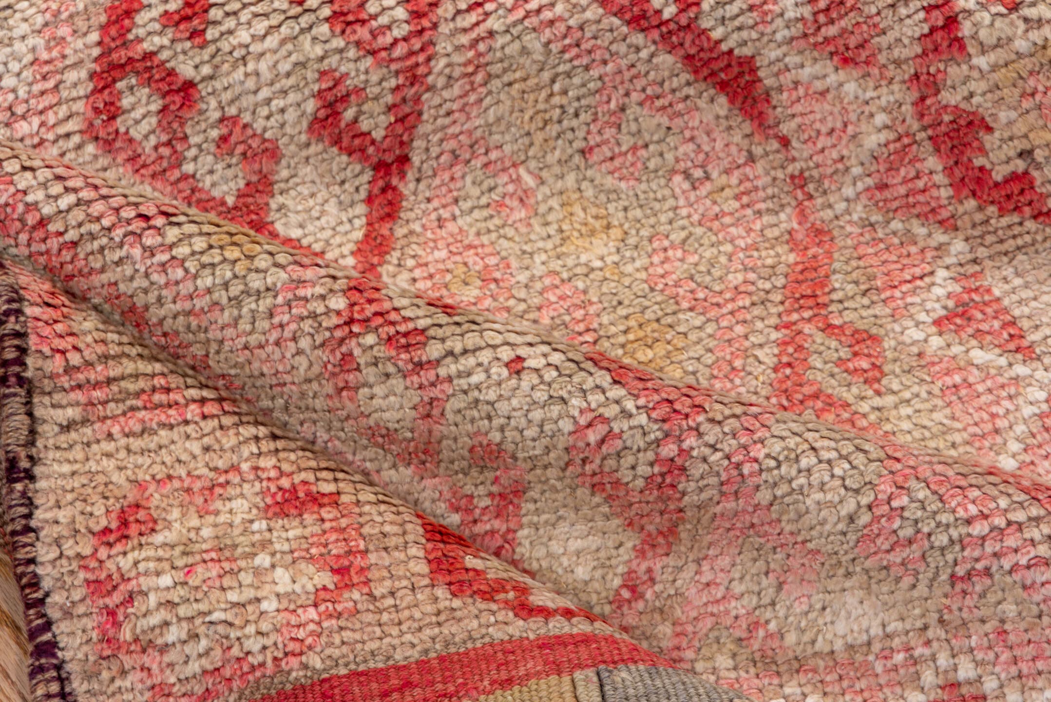 3' x 11' one-of-a-kind handmade vintage Oushak runner rug. Color palette: blush, ivory, coral, rose, taupe, camel, pink