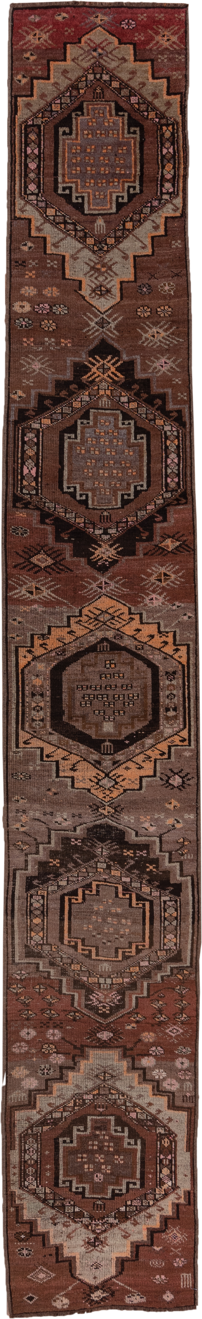2' x 14' one-of-a-kind handmade antique Kars runner rug. Color palette: brown, rust, taupe, ivory, charcoal, slate, rose