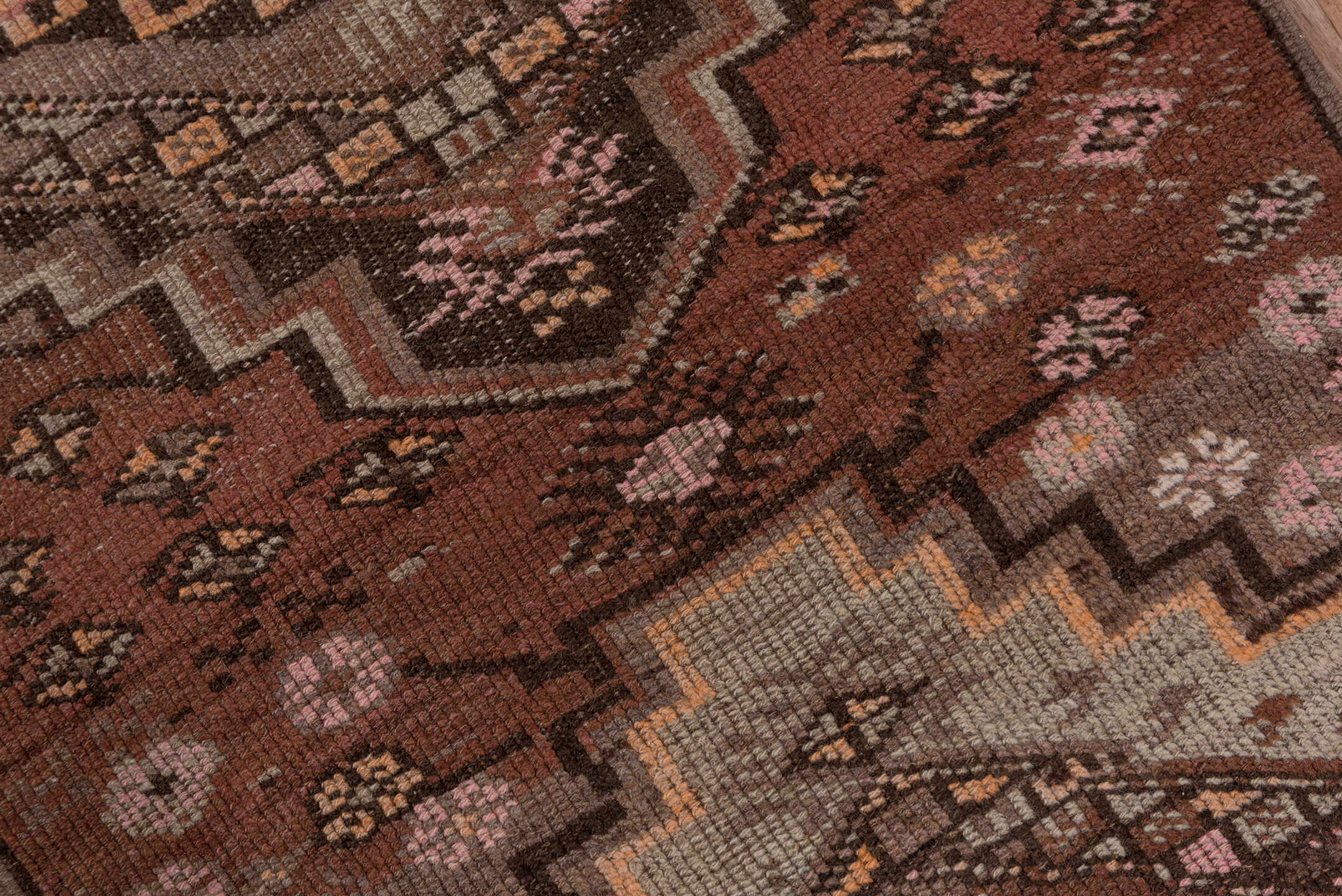 2' x 14' one-of-a-kind handmade vintage Kars runner rug. Color palette: brown, gray, off-white, pink, redwood, snow, white