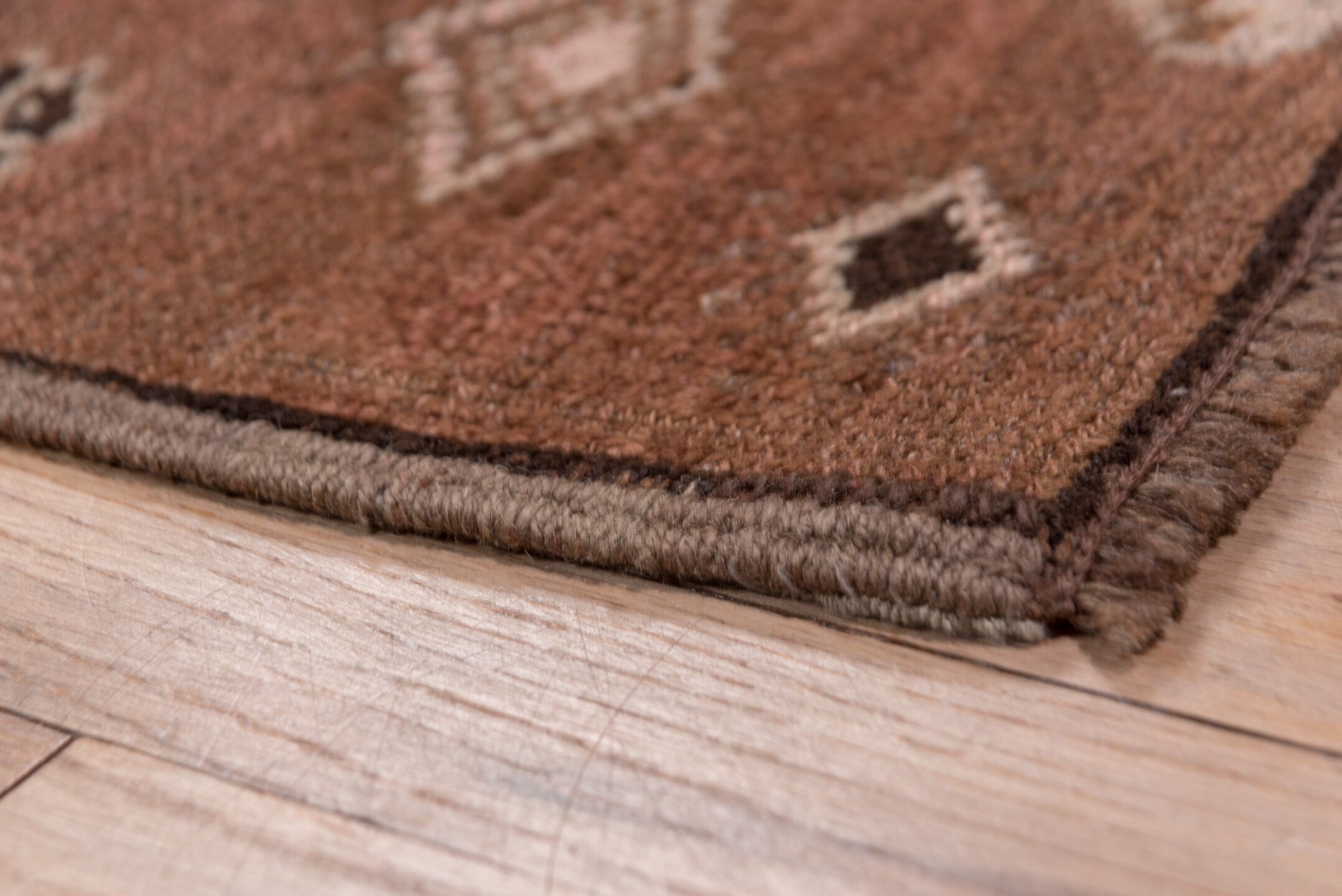 2' x 14' one-of-a-kind handmade vintage Kars runner rug. Color palette: brown, gray, off-white, pink, redwood, snow, white