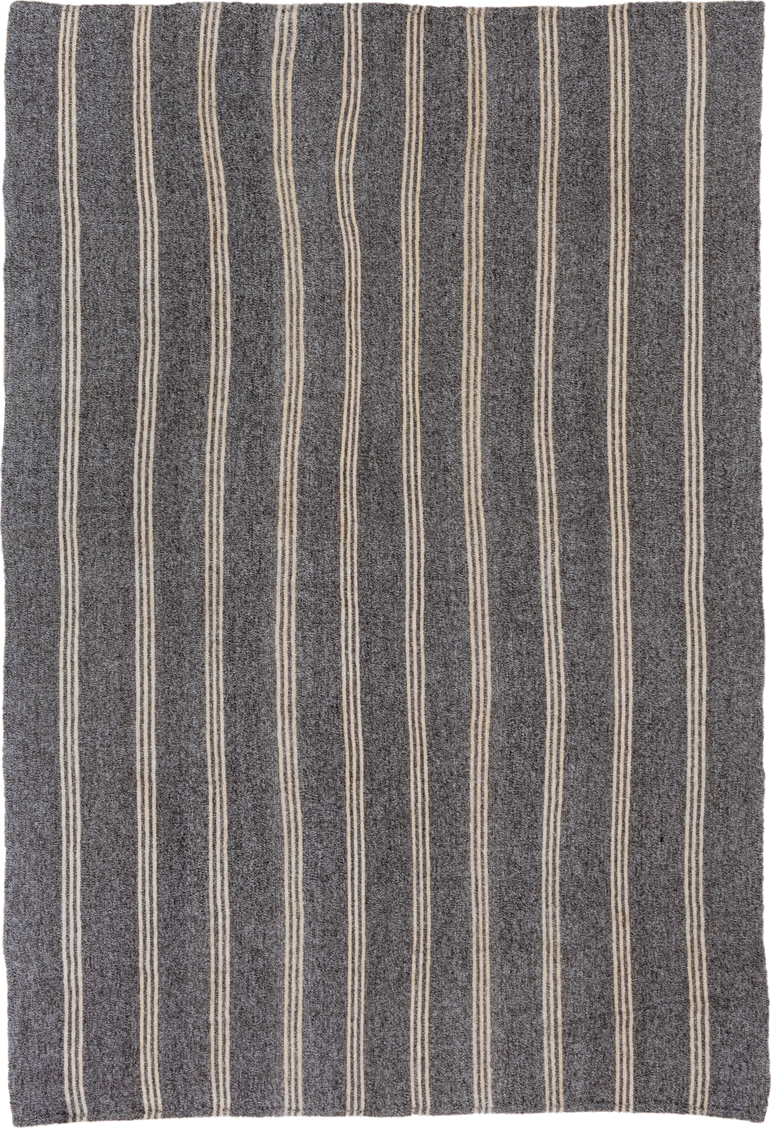 6' x 9' one-of-a-kind handmade antique Flatweave medium size rug. Color palette: charcoal, ivory, gray, black