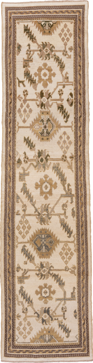3' x 11' one-of-a-kind handmade vintage Oushak runner rug. Color palette: brown, gray, light gray, off-white, orange, snow
