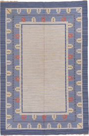6' x 10' one-of-a-kind handmade vintage Rollaken large size rug. Color palette: ivory, slate blue, periwinkle, cream