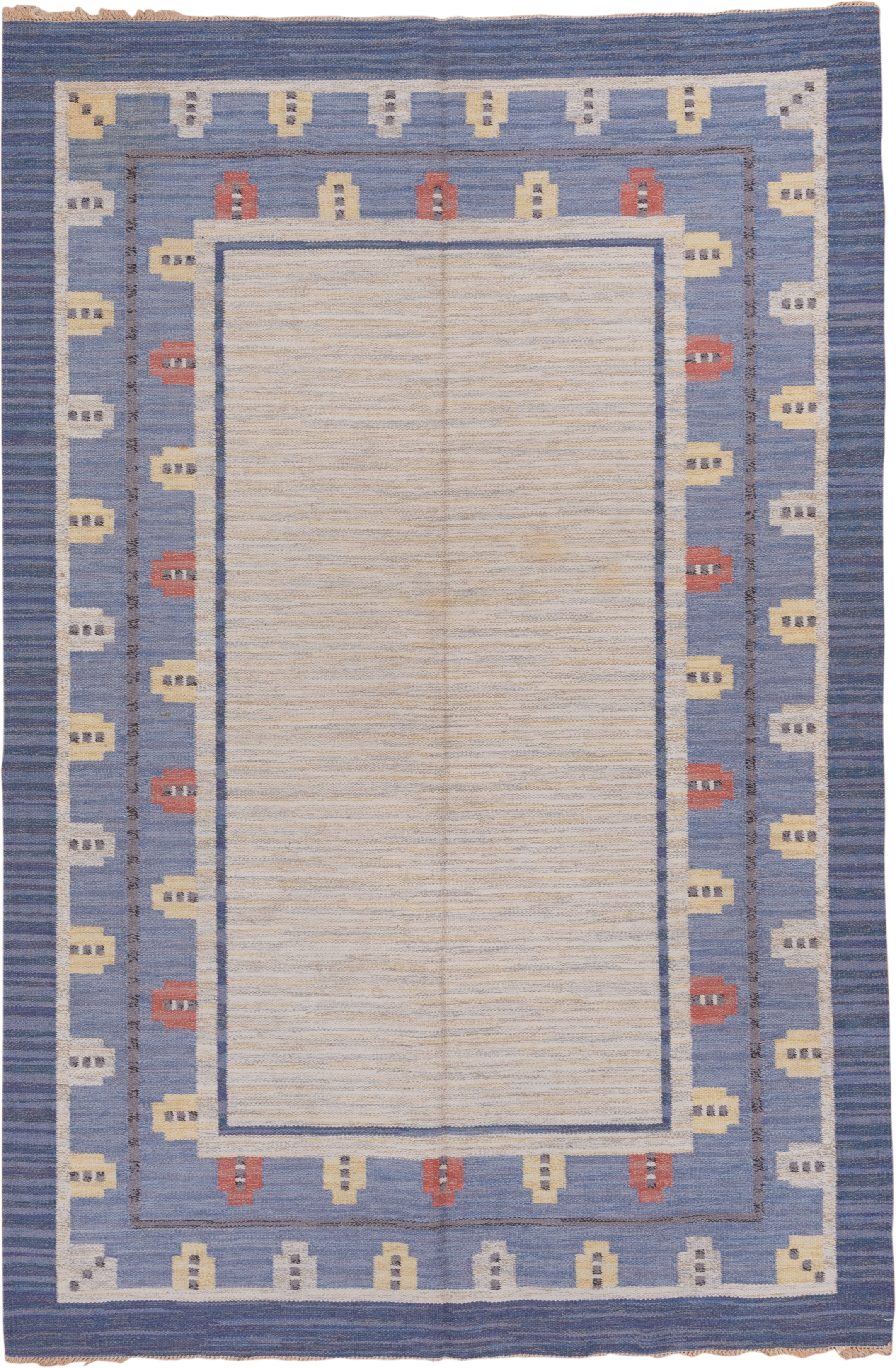6' x 10' one-of-a-kind handmade vintage Rollaken large size rug. Color palette: ivory, slate blue, periwinkle, cream
