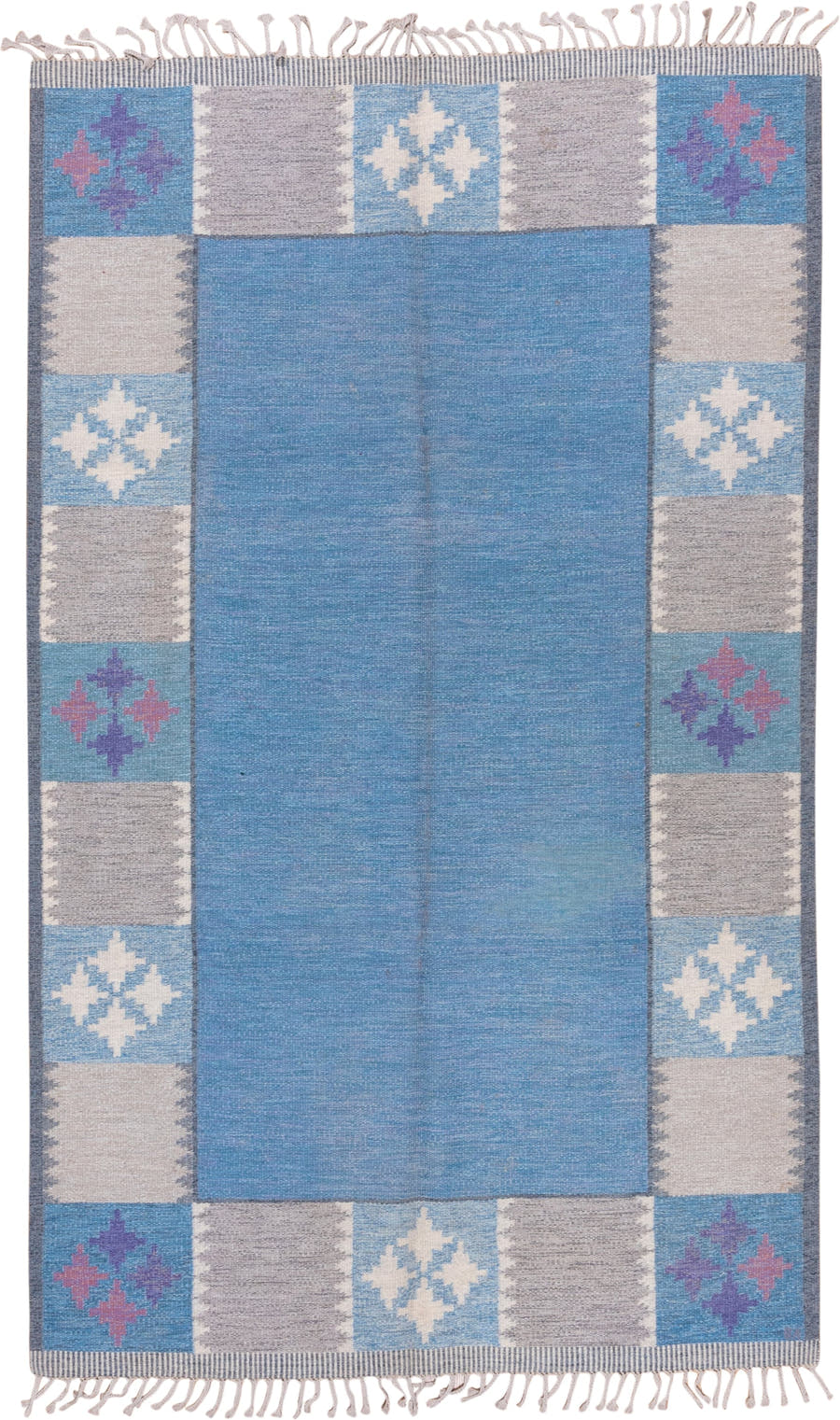 6' x 9' one-of-a-kind handmade vintage Rollaken medium size rug. Color palette: blue, ivory, taupe, lavender, rose, slate