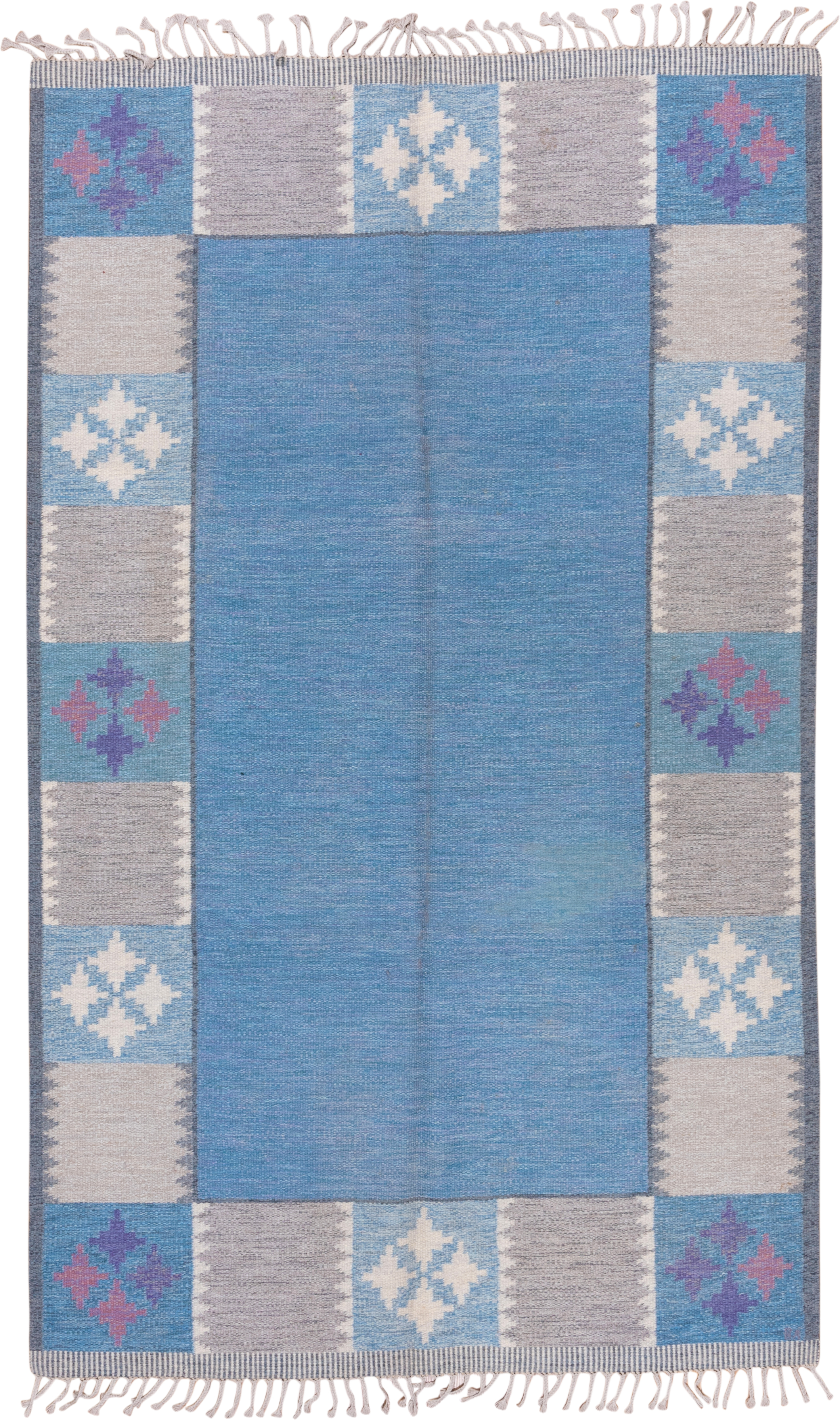 6' x 9' one-of-a-kind handmade vintage Rollaken medium size rug. Color palette: blue, ivory, taupe, lavender, rose, slate