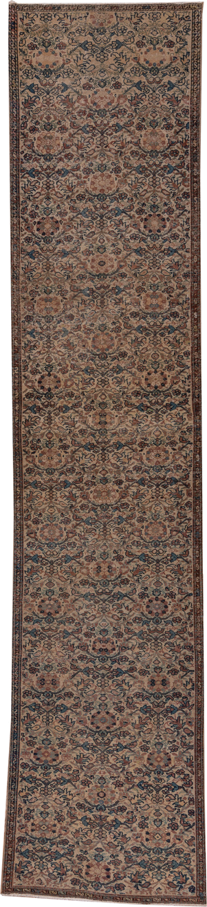 3' x 16' one-of-a-kind handmade antique Sivas runner rug. Color palette: beige, navy, rose, taupe, camel, rust, ivory, blue