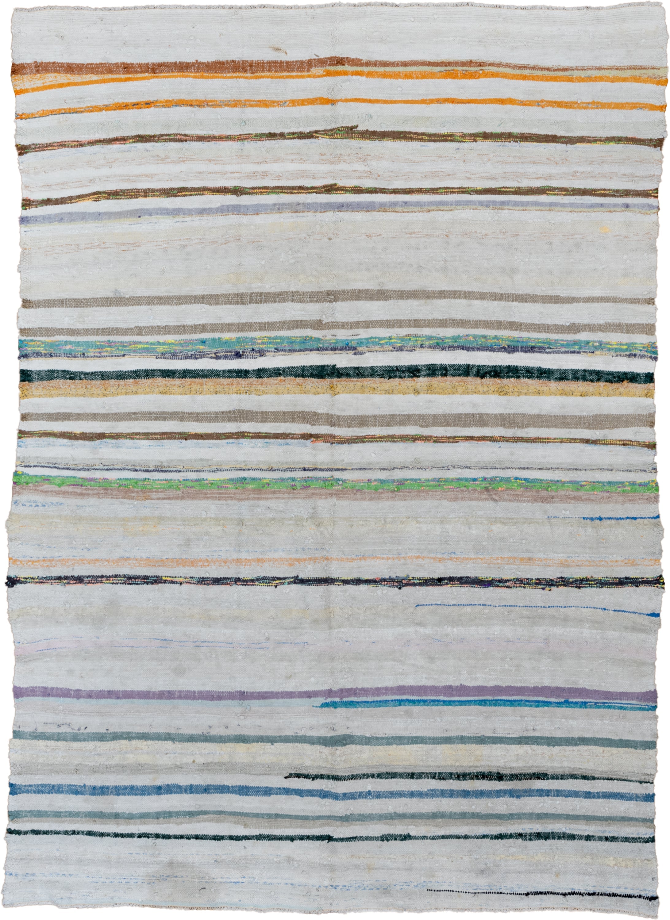 6' x 8' one-of-a-kind handmade antique Rag Rug medium size rug. Color palette: ivory, light blue, taupe, charcoal, saffron