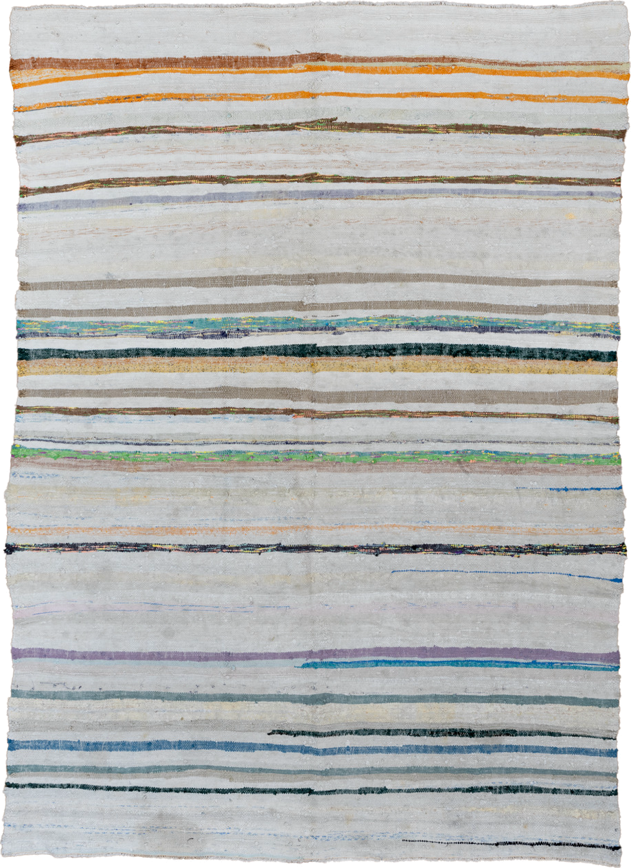 6' x 8' one-of-a-kind handmade antique Rag Rug medium size rug. Color palette: ivory, light blue, taupe, charcoal, saffron