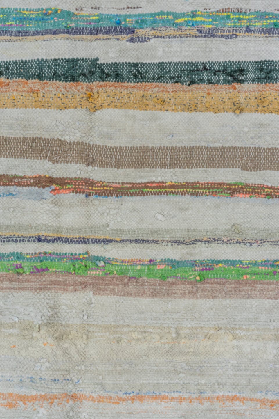 6' x 8' one-of-a-kind handmade antique Rag Rug medium size rug. Color palette: ivory, light blue, taupe, charcoal, saffron