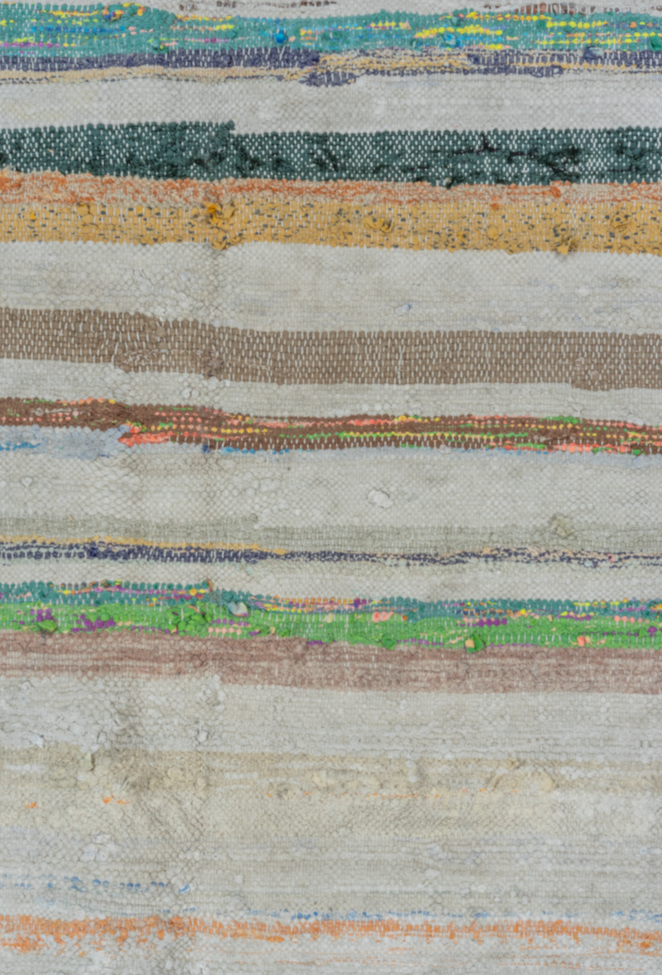 6' x 8' one-of-a-kind handmade antique Rag Rug medium size rug. Color palette: ivory, light blue, taupe, charcoal, saffron