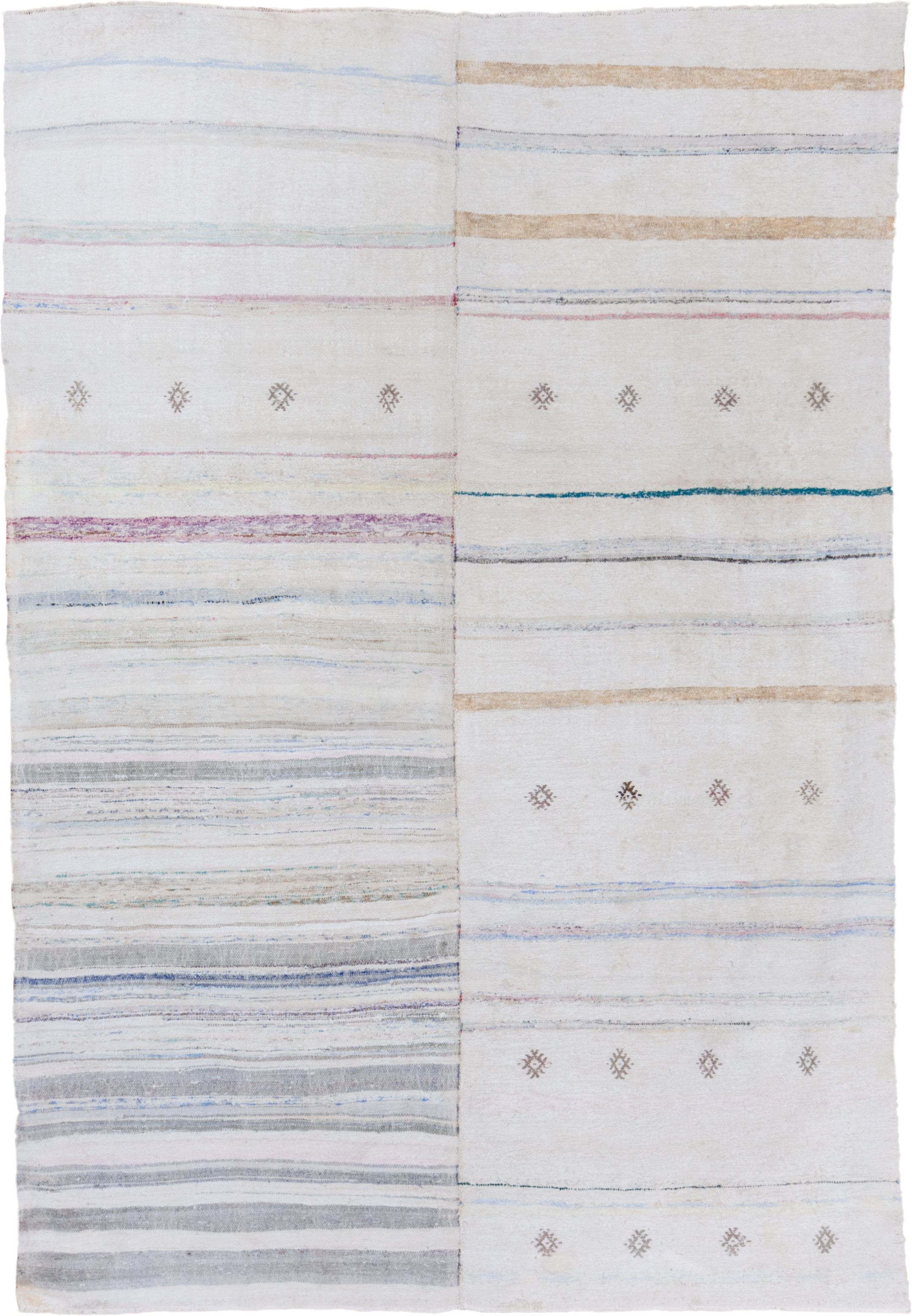 6' x 9' one-of-a-kind handmade antique Rag Rug medium size rug. Color palette: ivory, taupe, blue, gray, blush, charcoal