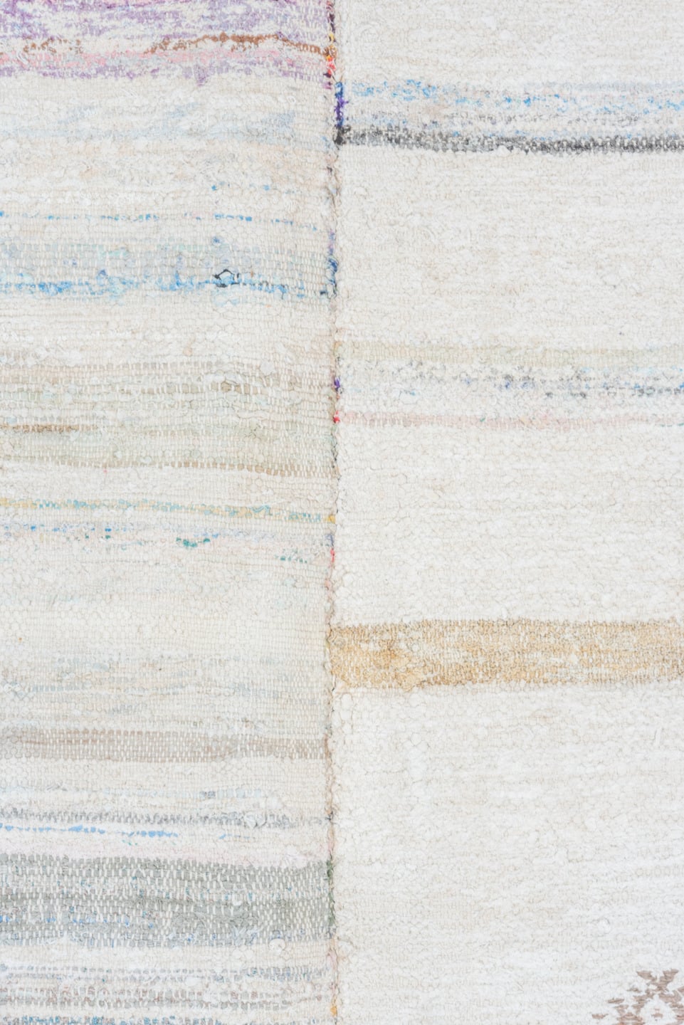 6' x 9' one-of-a-kind handmade antique Rag Rug medium size rug. Color palette: ivory, taupe, blue, gray, blush, charcoal
