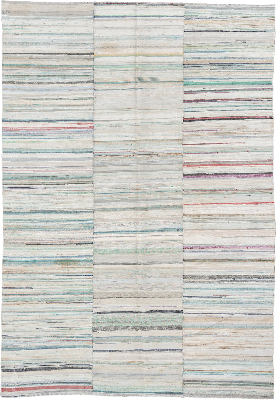 6' x 9' one-of-a-kind handmade antique Rag Rug medium size rug. Color palette: ivory, aqua, pale blue, charcoal, slate, rose