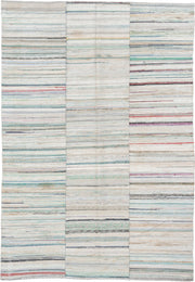 6' x 9' one-of-a-kind handmade antique Rag Rug medium size rug. Color palette: ivory, aqua, pale blue, charcoal, slate, rose