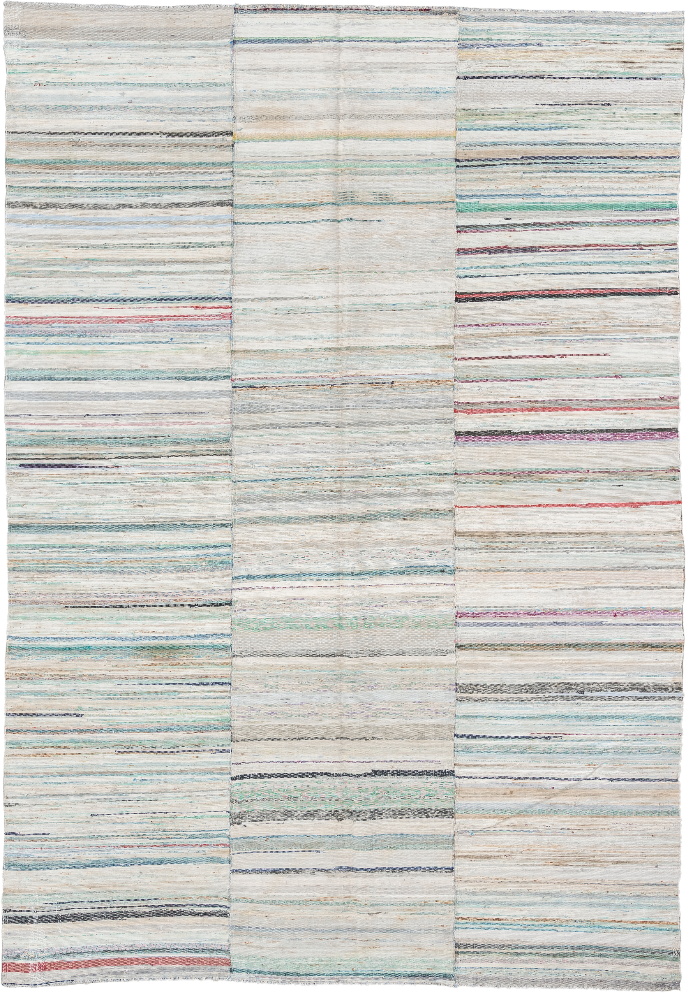 6' x 9' one-of-a-kind handmade antique Rag Rug medium size rug. Color palette: ivory, aqua, pale blue, charcoal, slate, rose