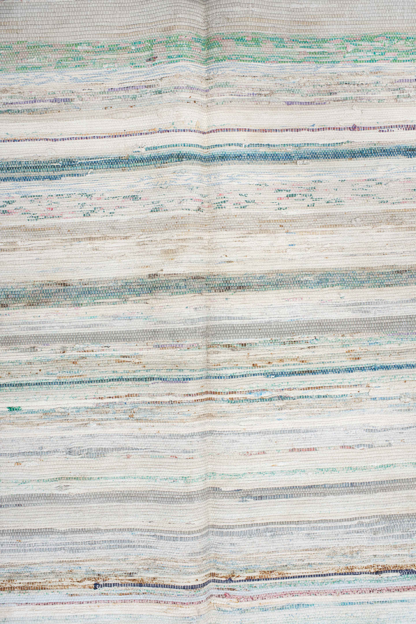 6' x 9' one-of-a-kind handmade antique Rag Rug medium size rug. Color palette: ivory, aqua, pale blue, charcoal, slate, rose