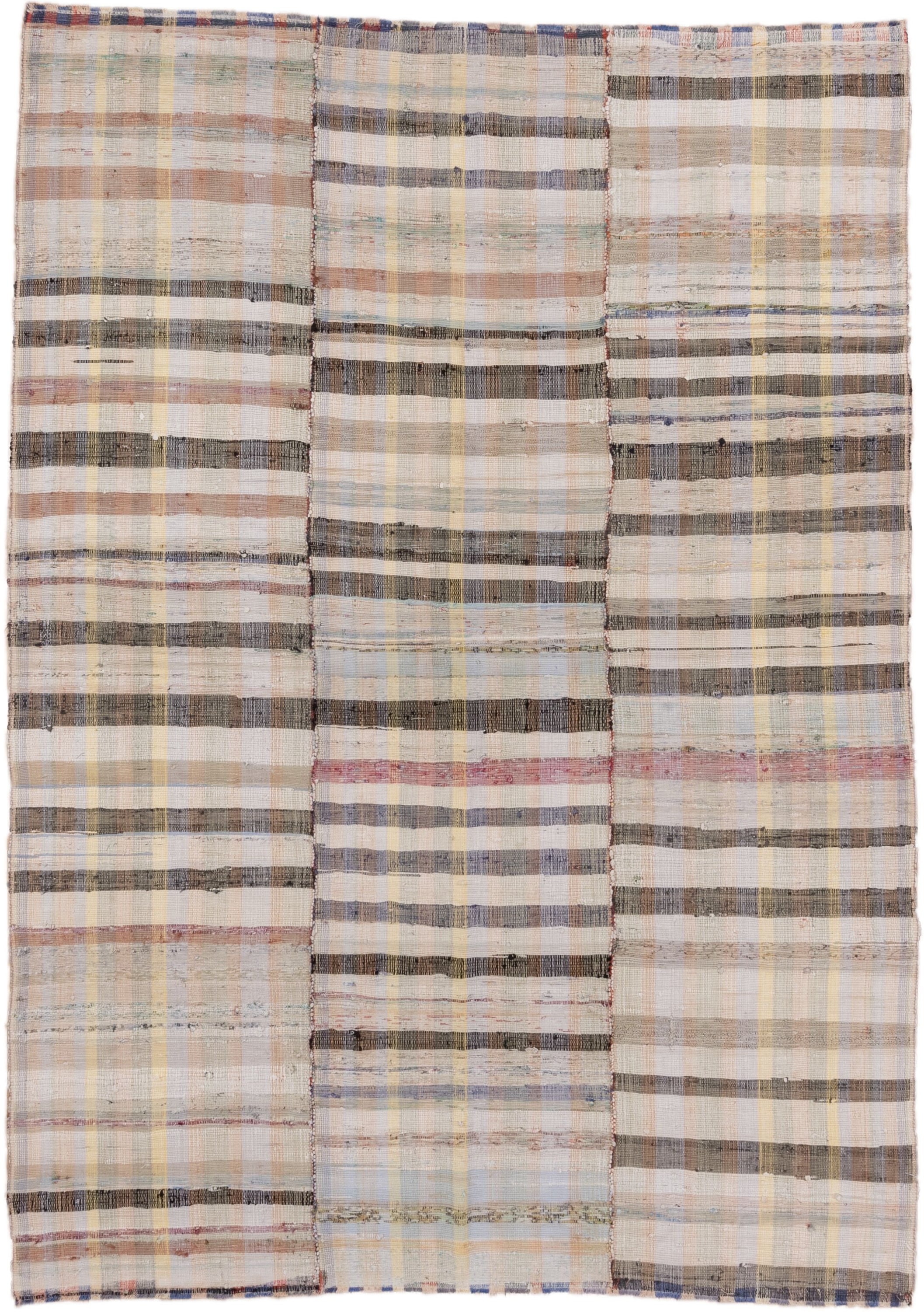 6' x 8' one-of-a-kind handmade antique Rag Rug rug. Color palette: ivory, taupe, charcoal, pale blue, butter yellow, blush