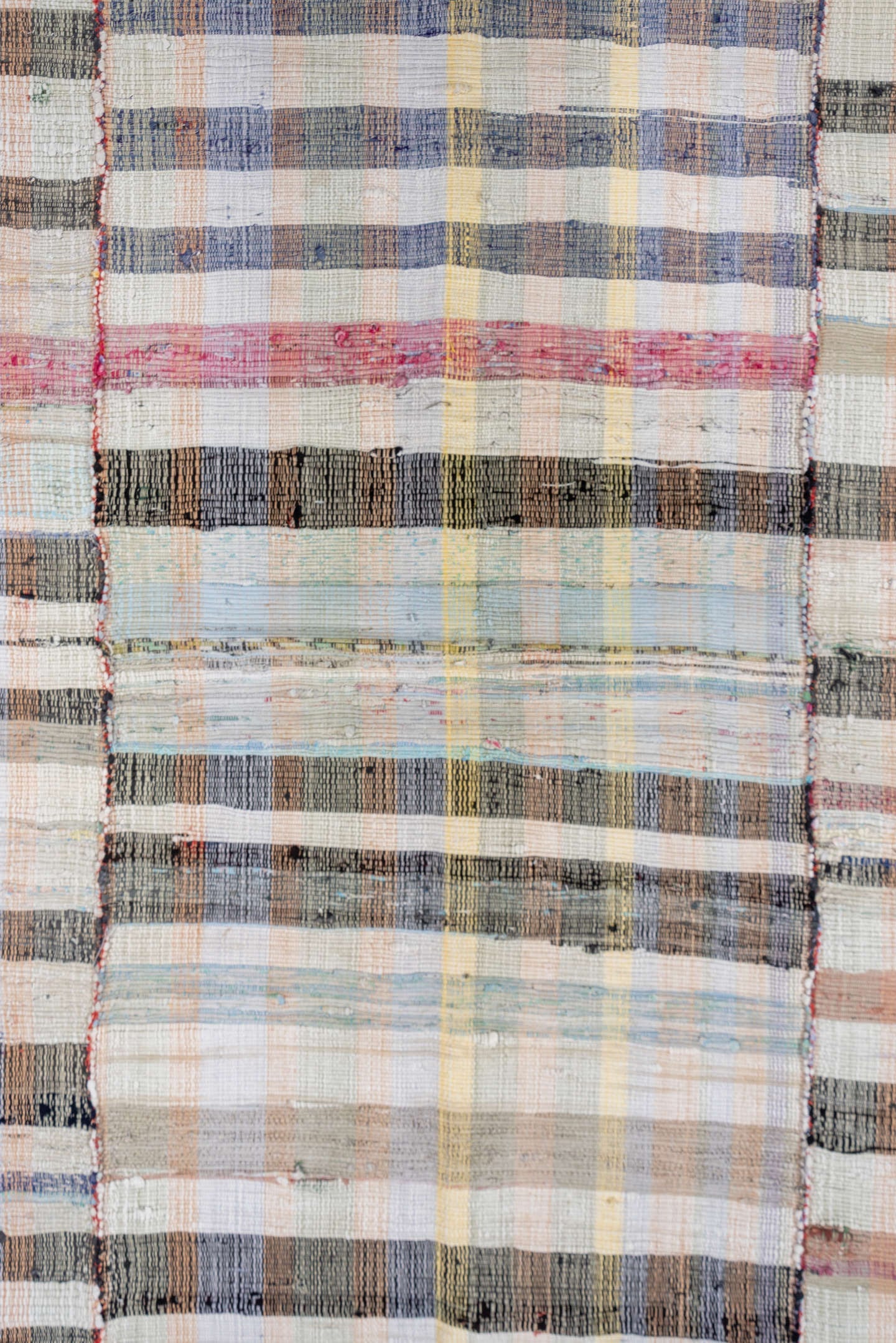 6' x 8' one-of-a-kind handmade antique Rag Rug rug. Color palette: ivory, taupe, charcoal, pale blue, butter yellow, blush