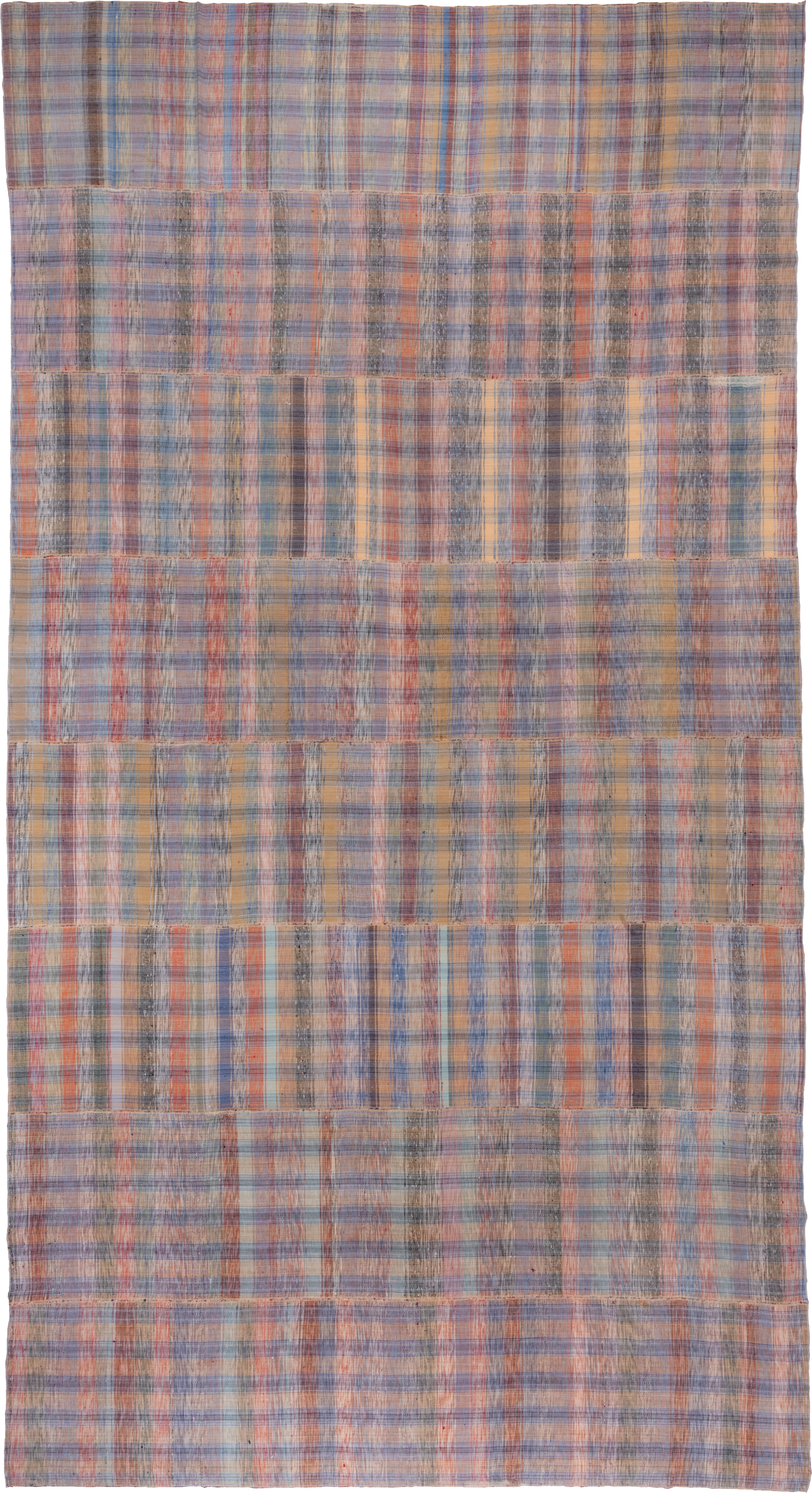 11' x 20' one-of-a-kind handmade vintage Rag Rug oversize rug. Color palette: taupe, blue, rose, peach, gray, ivory, rust